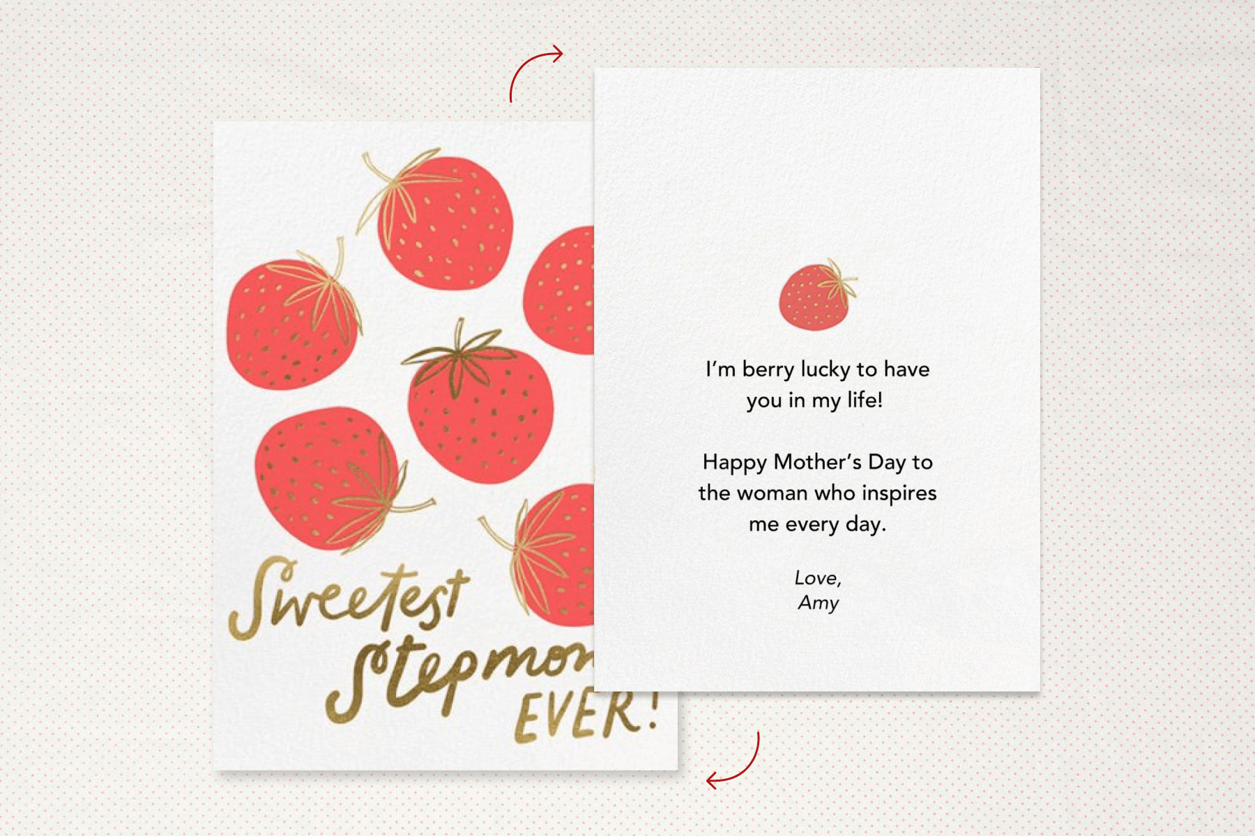 An illustrated strawberry Mother’s Day card showing one of the messages suggested below. The card reads “Sweetest Stepmom EVER!”