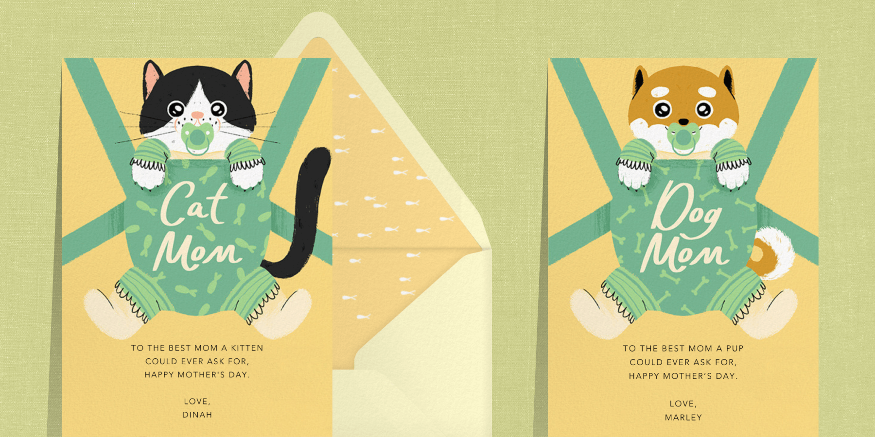Two illustrated Mother’s Day cards featuring a cat in a baby carrier and a dog in a baby carrier.