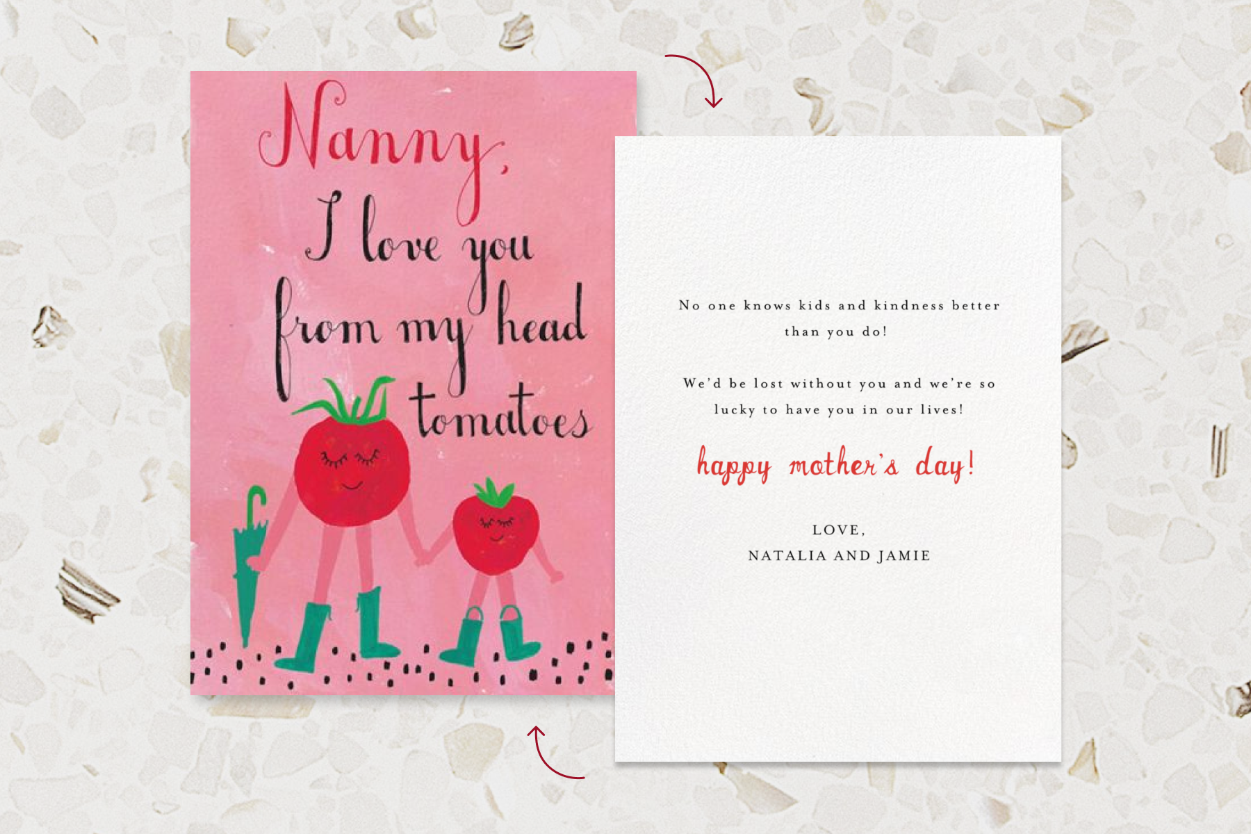 An illustrated anthropomorphic tomatoes Mother’s Day card showing one of the messages suggested below. The card reads “Nanny, I love you from my head tomatoes.”