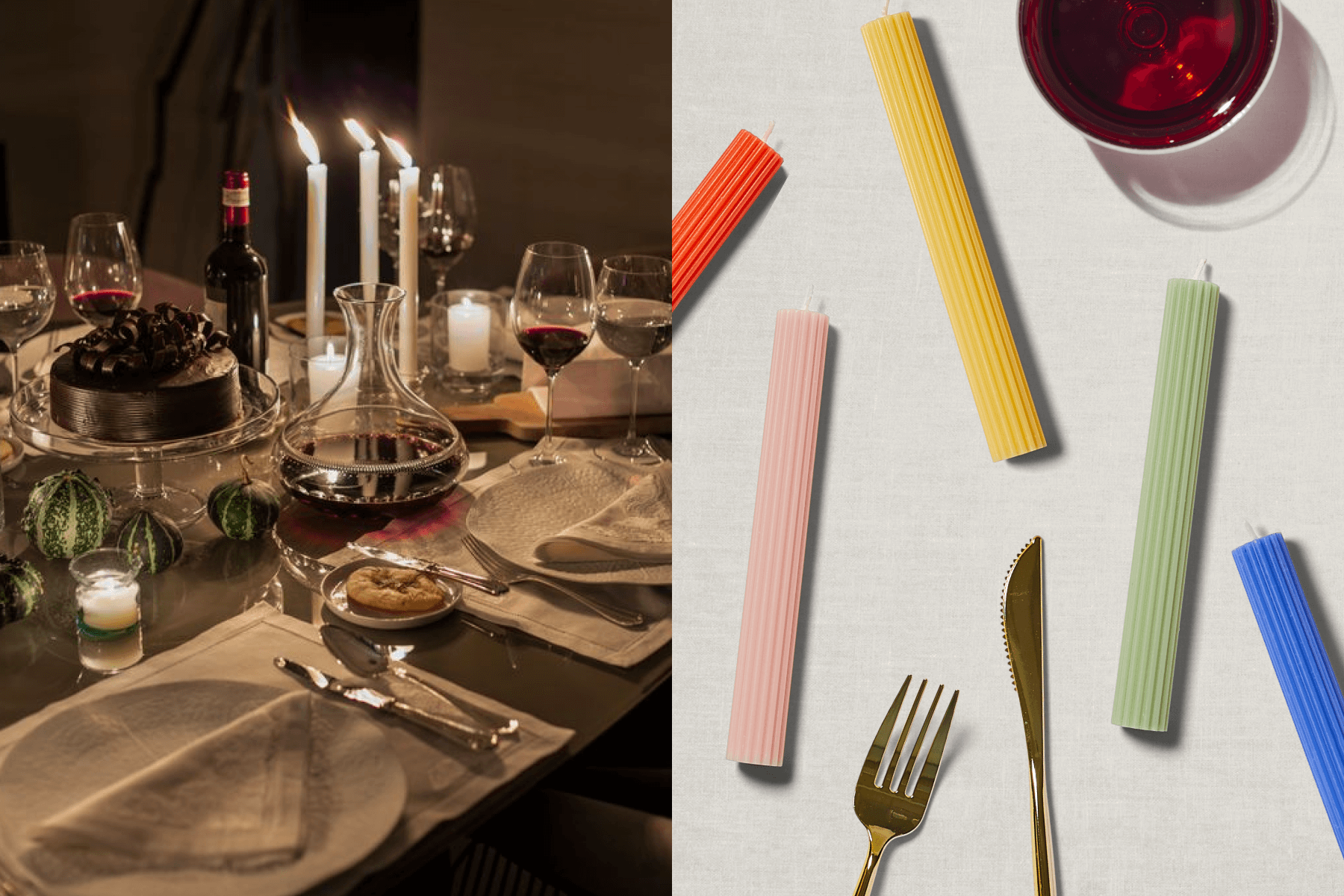 Left: A candle lit dinner table set for dessert with chocolate cake and red wine; Right: Rainbow colored table candles scattered on a white table. 