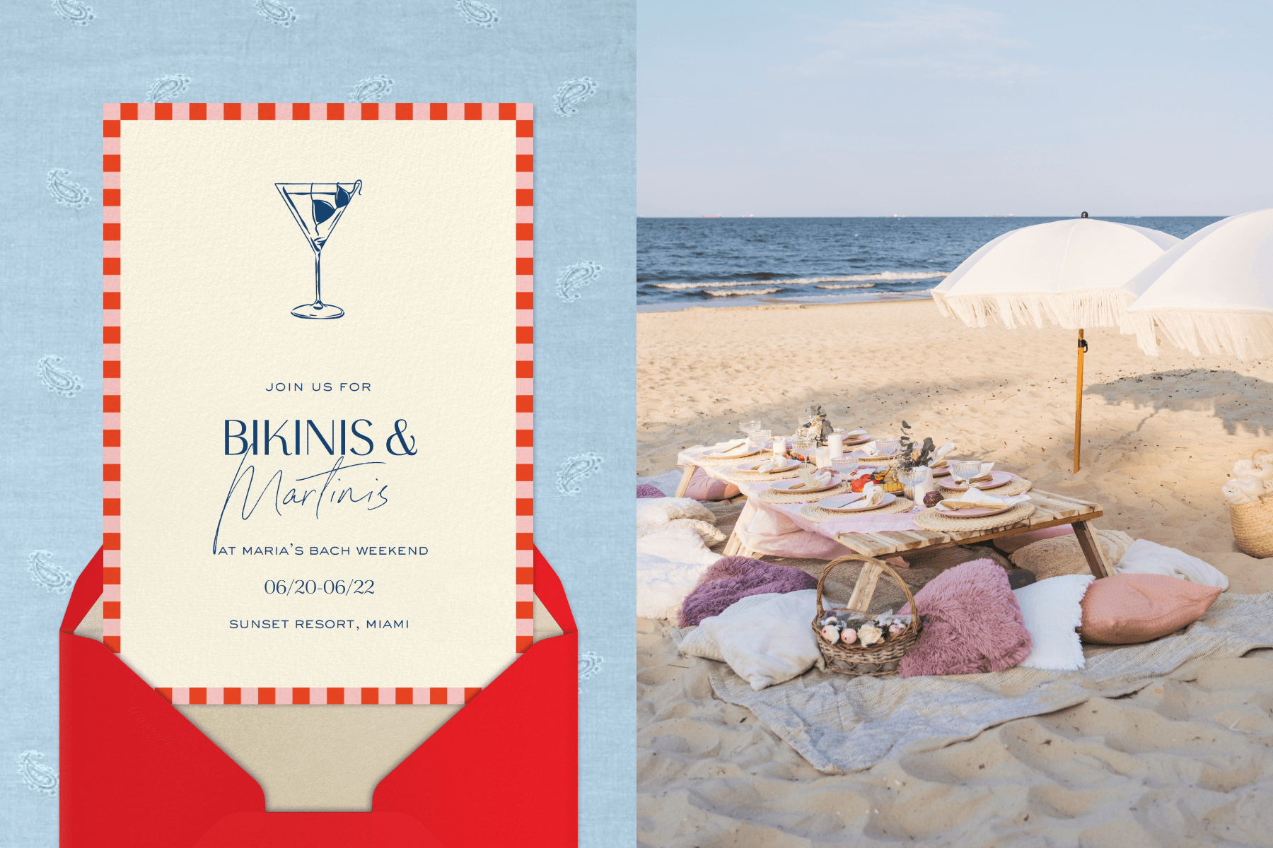 A beige invitation with a red and pink checkered border, an image of a martini, and text reading ‘BIKINIS & MARTINIS’; A picnic table set up on a beach surrounded by pillows, blankets, and white umbrellas, and topped with table settings.