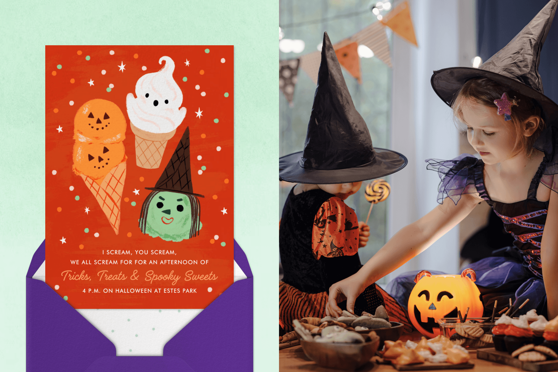 LEFT: An orange Halloween invitation with illustrations of ice cream cones decorated as a jack-o'-lantern, a ghost, and a witch, surrounded by confetti, sits atop a purple envelope with a dotted liner against a mint green backdrop. RIGHT: Two children in witch hats reach for Halloween treats on a table next to a glowing jack-o'-lantern bucket, with bunting hanging in the background.