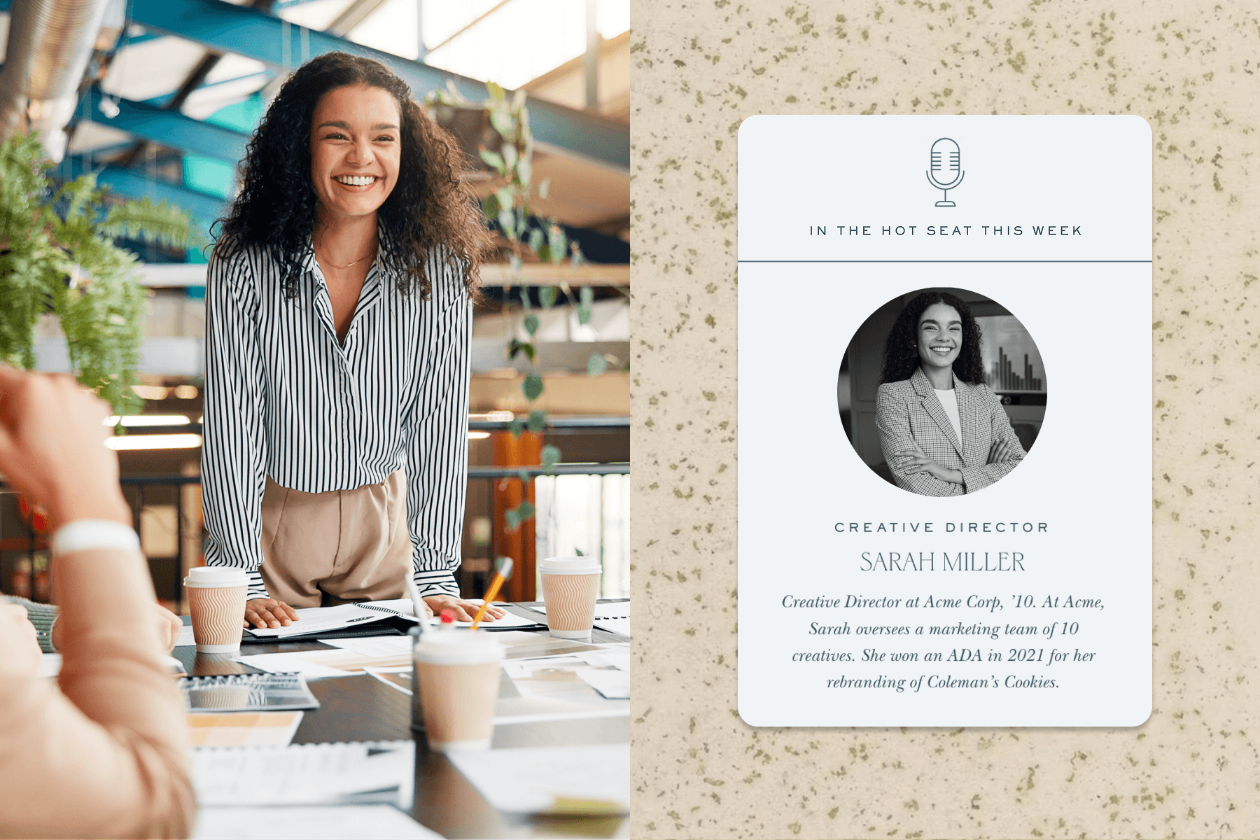 A smiling woman standing at a table filled with coffee cups and notes; a splatter background with a screenshot of an invitation Block featuring an event speaker’s photo and bio.
(Page Style: Editrix)