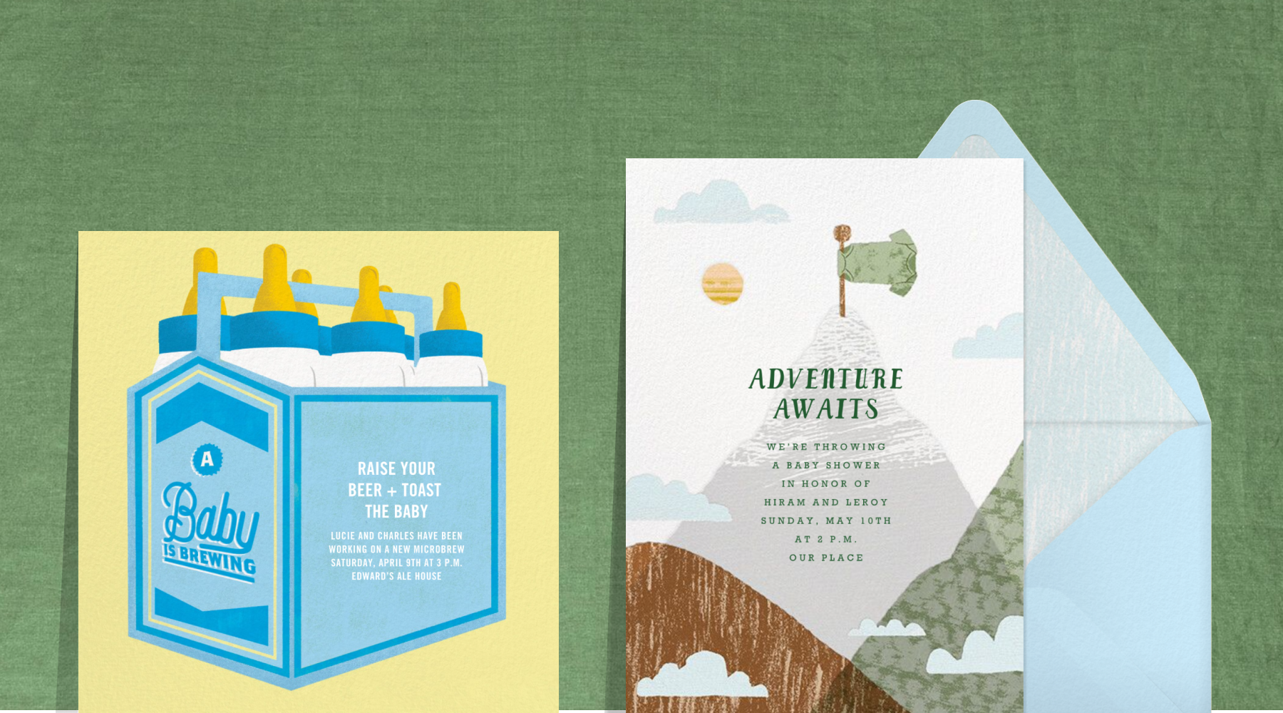 A baby shower invitation with a blue 6-pack container filled with baby bottles; an invitation with a green baby onesie hung like a flag on a pole atop a mountain peak reads ‘adventure awaits.’