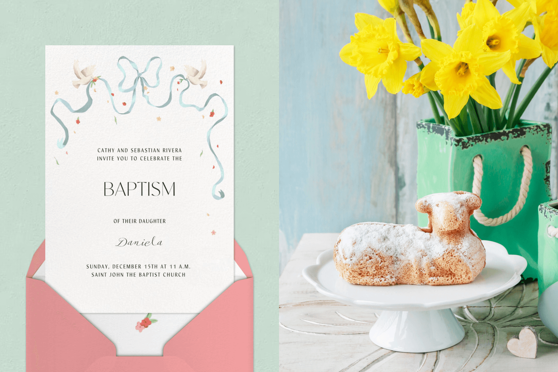 A white baptism invitation featuring a blue bow graphic being held up by doves, paired with a pink envelope and floral envelope liner, all on a light green background; A table featuring a cake stand with a cake in the shape of a lamb and a green vase filled with yellow daffodils.