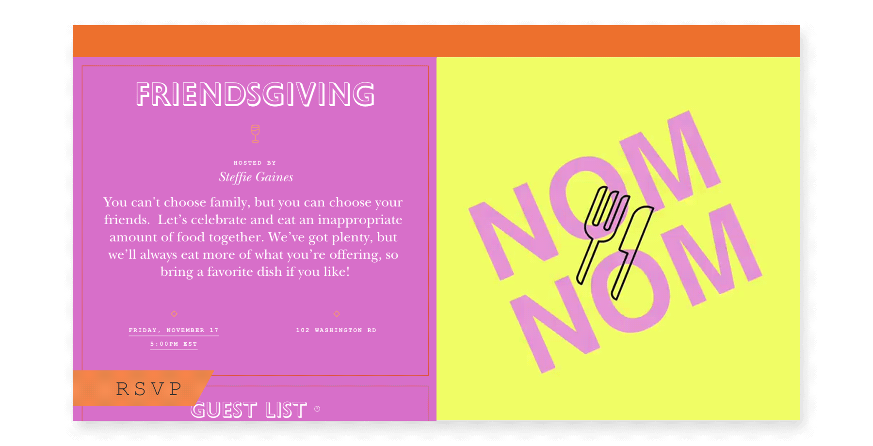 A pink and yellow online Friendsgiving invite with the words “NOM NOM” and a fork and knife animating.