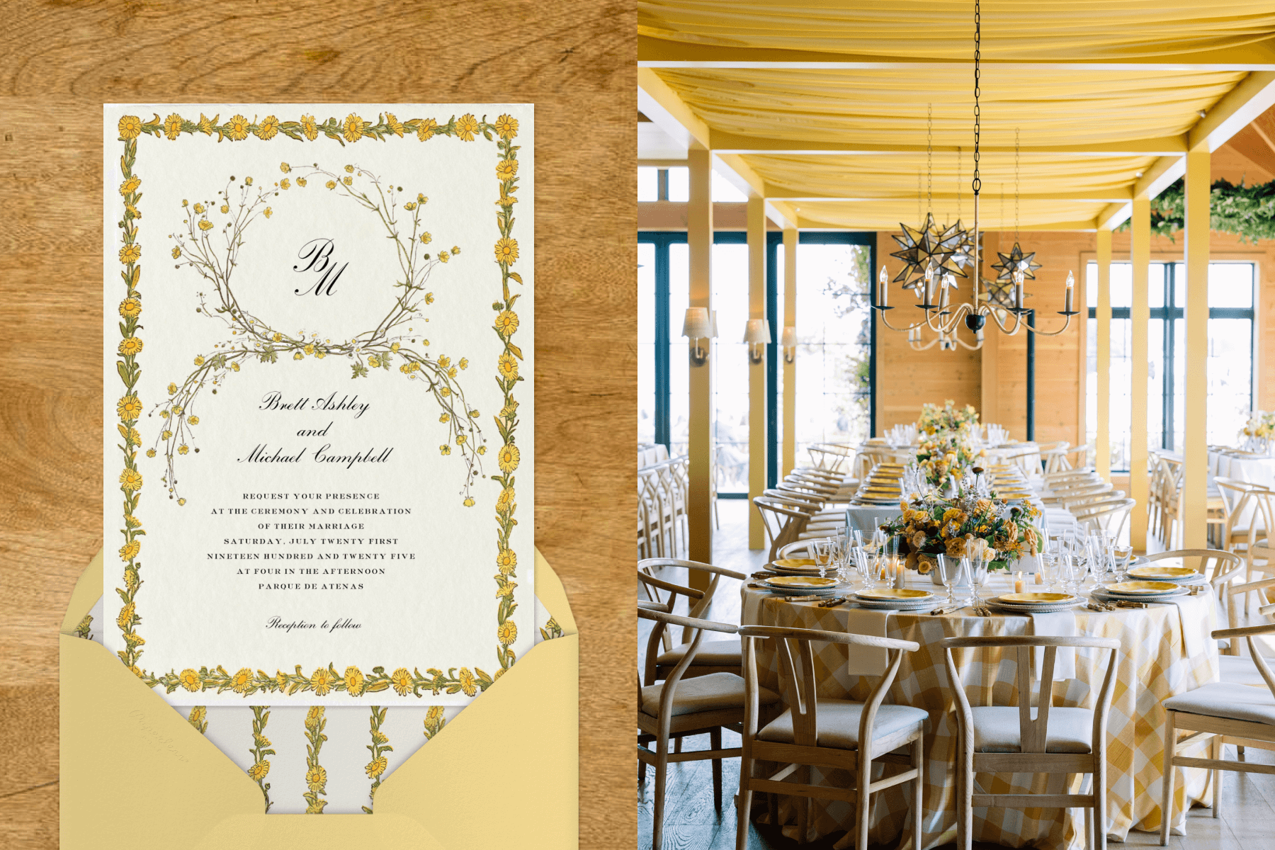 Left: A yellow floral invitation with a lush border and monogram; right: a yellow-hued interior with a nicely set table.