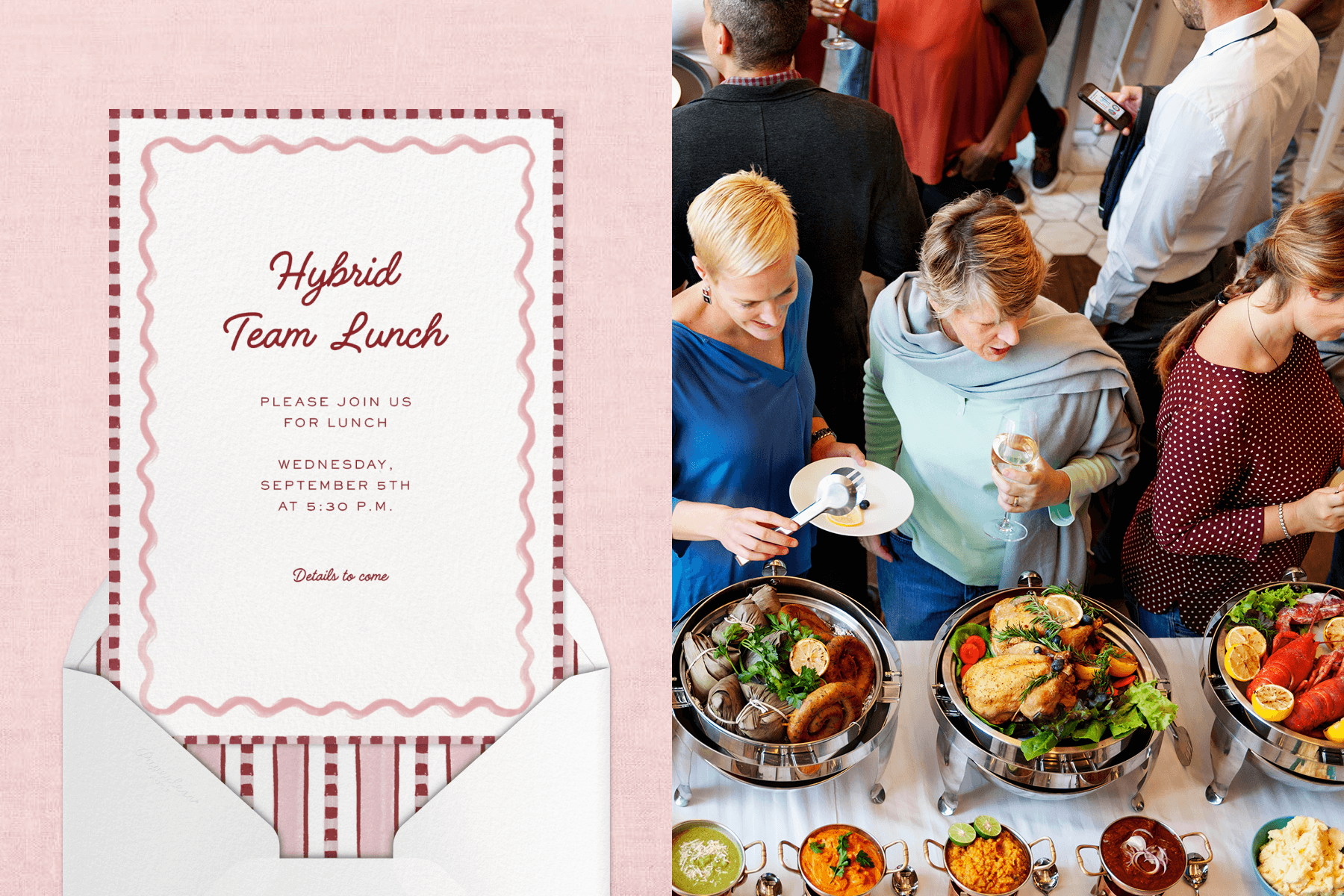 A hybrid team lunch invitation with a pink and burgundy scalloped and striped border paired with a white envelope, matching envelope liner, and pink background; People serving themselves out of silver trays at a lunch buffet.
