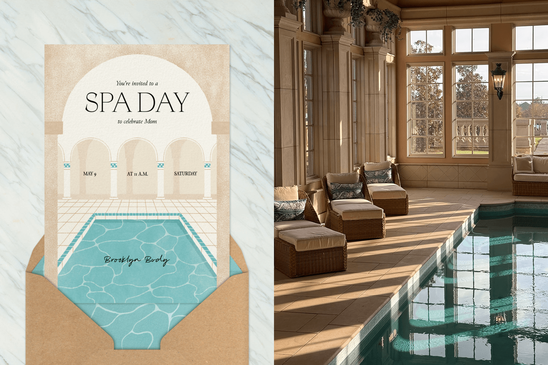 Left: A spa day invitation featuring an illustration of a pool over a marble background. Right: An indoor pool with three lounge chairs on the left side.