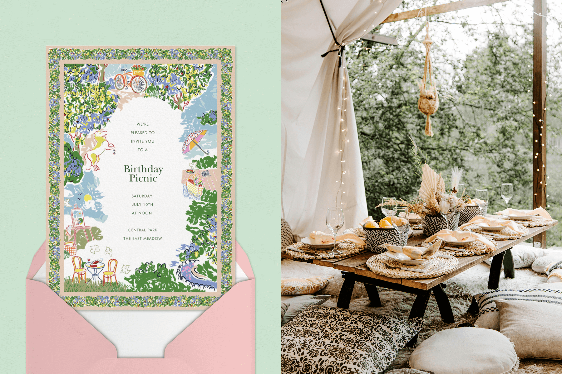 A birthday invitation featuring illustrations of pastel-colored outdoor and park scenes with text that reads ‘Birthday Picnic’ paired with a light pink envelope and cream envelope liner on a mint green background; A picnic setup inside a tent featuring a low-slung wood table, neutral table settings, pillows and blankets on the floor, and string lights.
