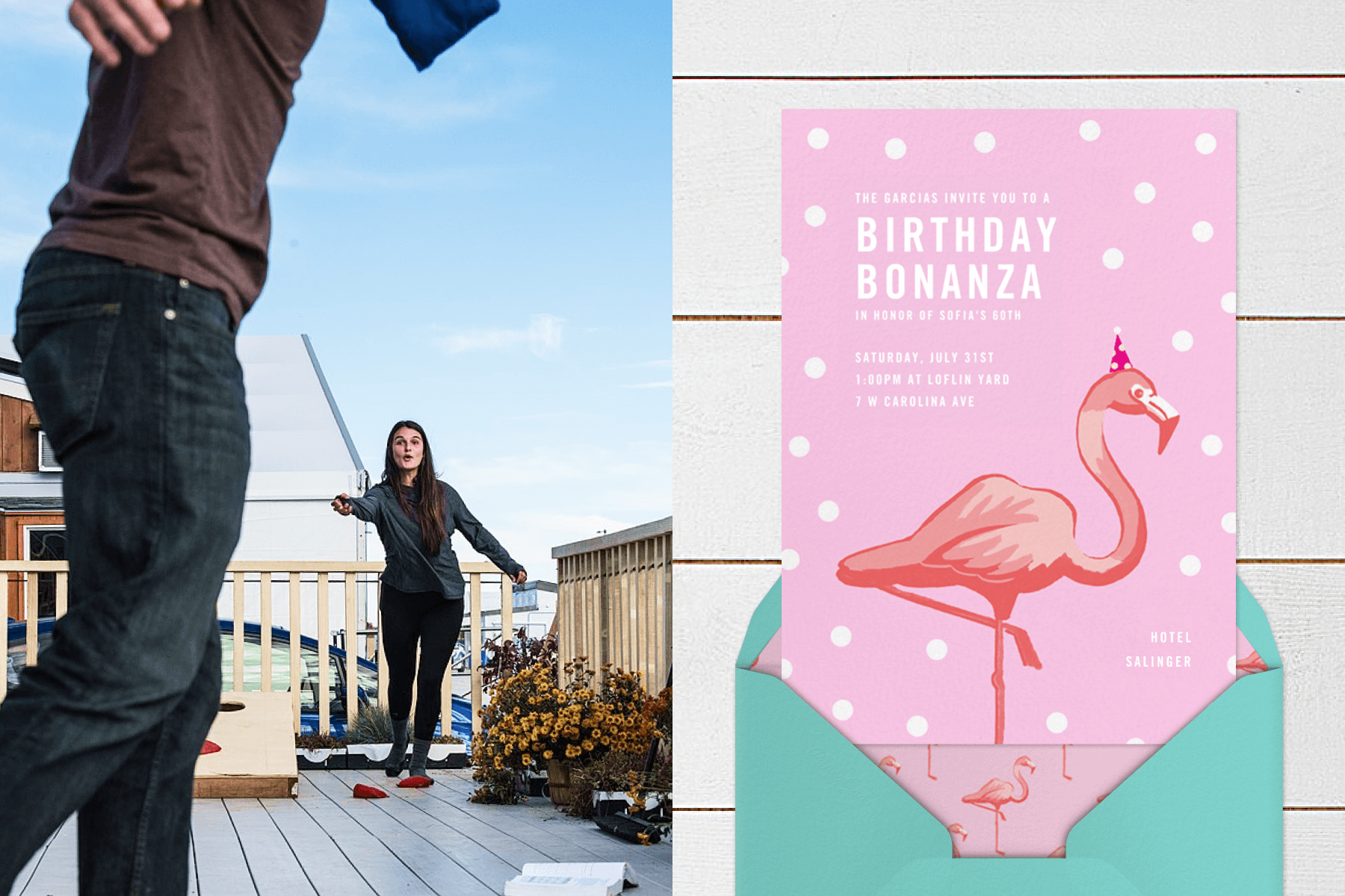 Left: Two young people playing cornhole on a rooftop deck; Right: “Pink Flamingos” invitation by Paperless Post, featuring an illustration of a flamingo wearing a birthday hat.