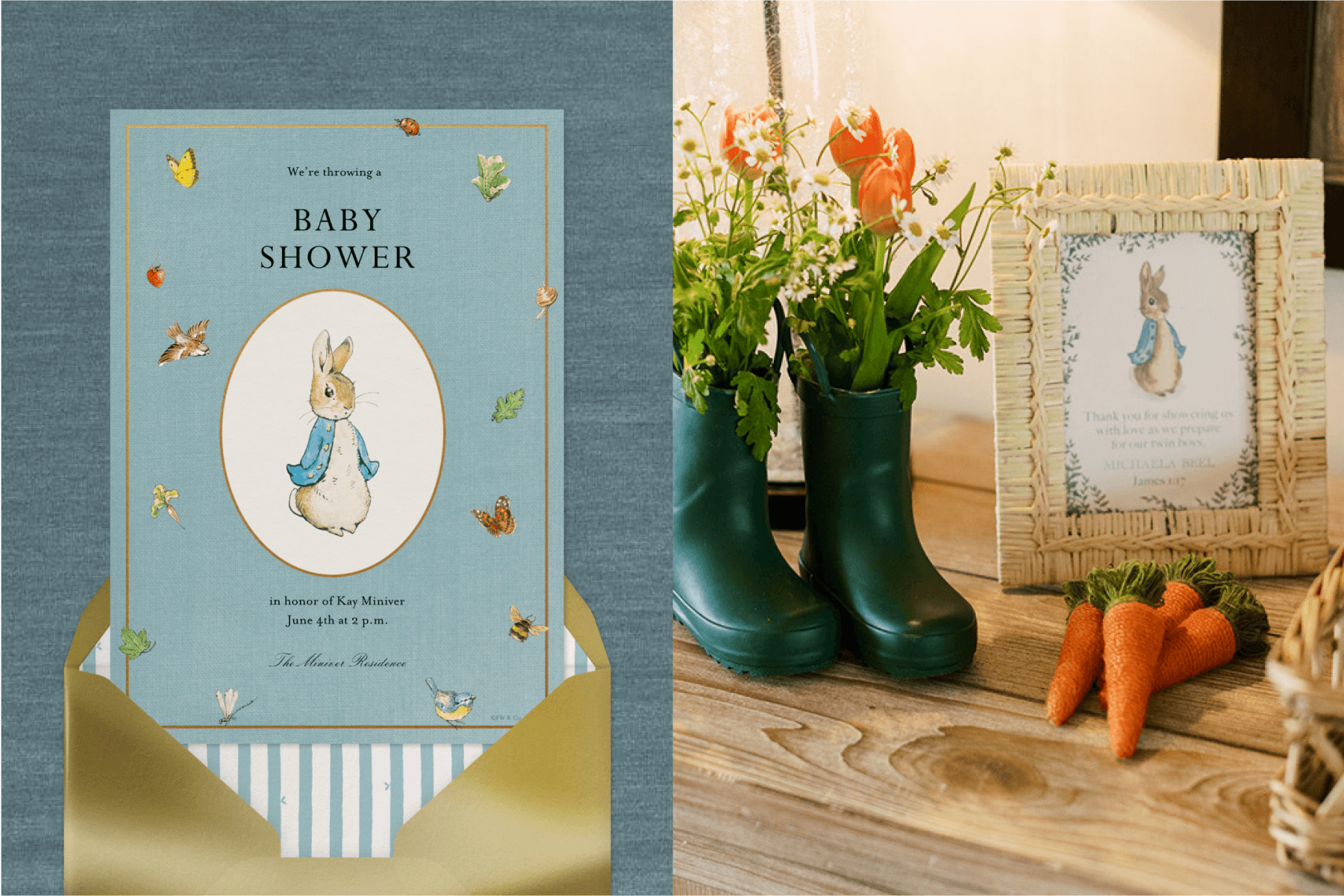 A blue invitation with Peter Rabbit in an oval and butterflies around him; a framed picture of Peter Rabbit beside flowers in children’s rain boots and knit carrots.