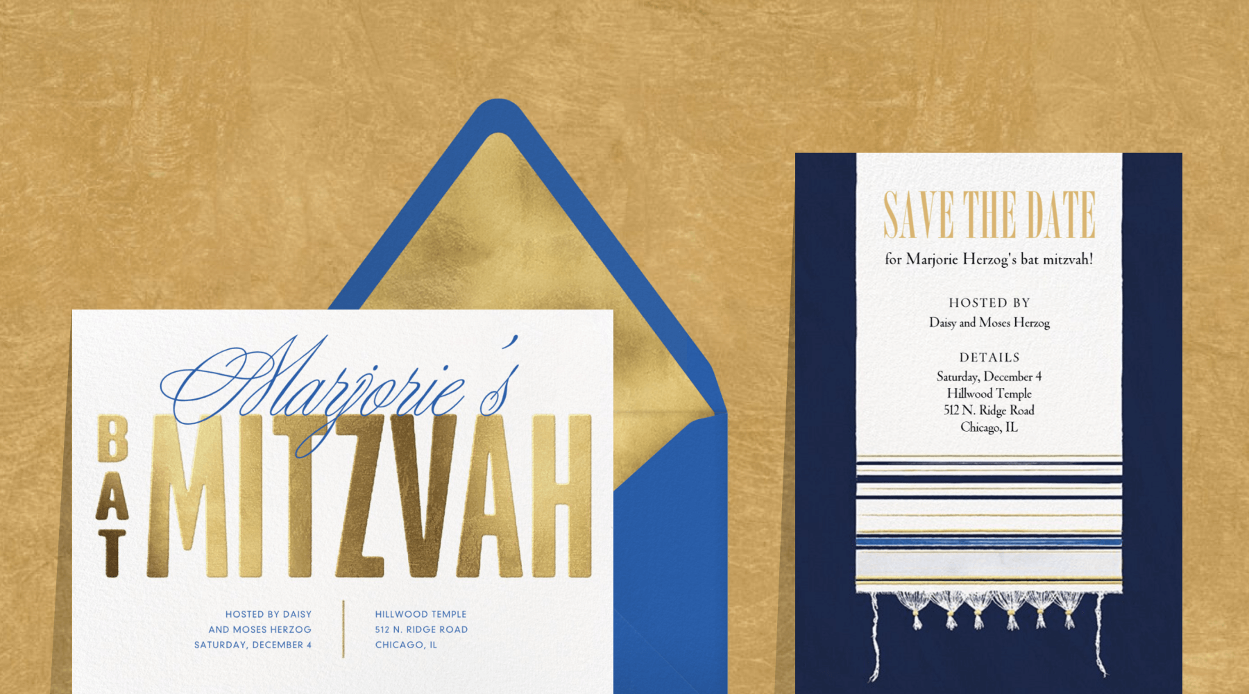 A horizontal invitation with ‘Marjorie’s bat mitzvah’ in blue script and gold block letters; a navy save the date card with a white tallit design.