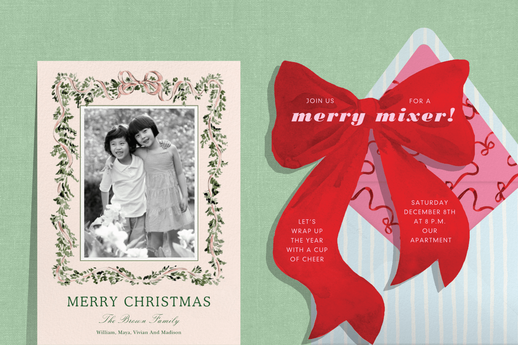 A green textured background featuring two holiday cards: A Christmas card featuring text that reads ‘MERRY CHRISTMAS’ with a ribbon garland and black and white family photo, and a red ribbon-shaped invitation with text that reads ‘merry mixer’ paired with a blue and white striped envelope and pink and red ribbon-patterned envelope liner.