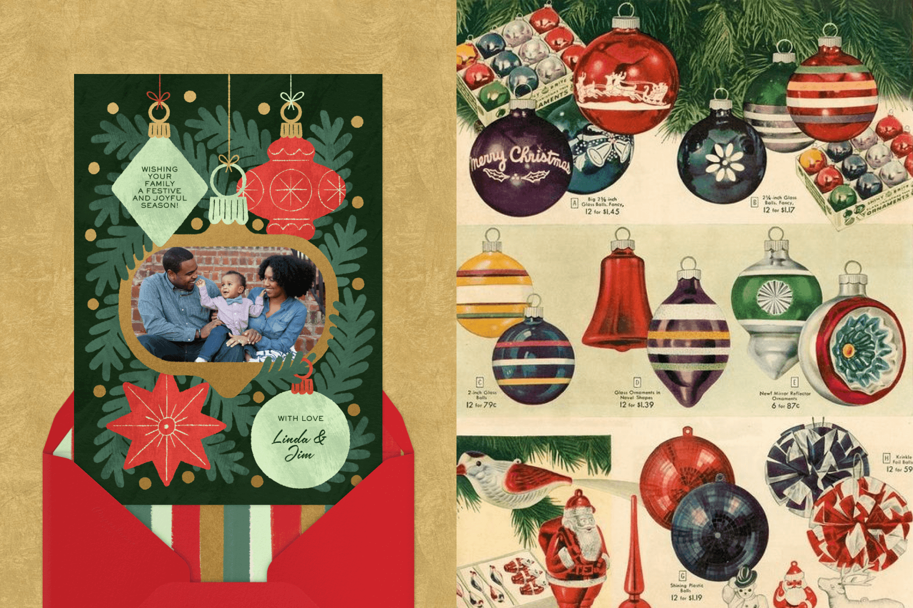 A green holiday card with simplistic-looking tree ornaments on pine boughs, the middle one is gold with a photo of a family in the middle, and a red envelope. RIGHT: A vintage catalog page with colorful glass tree ornaments.