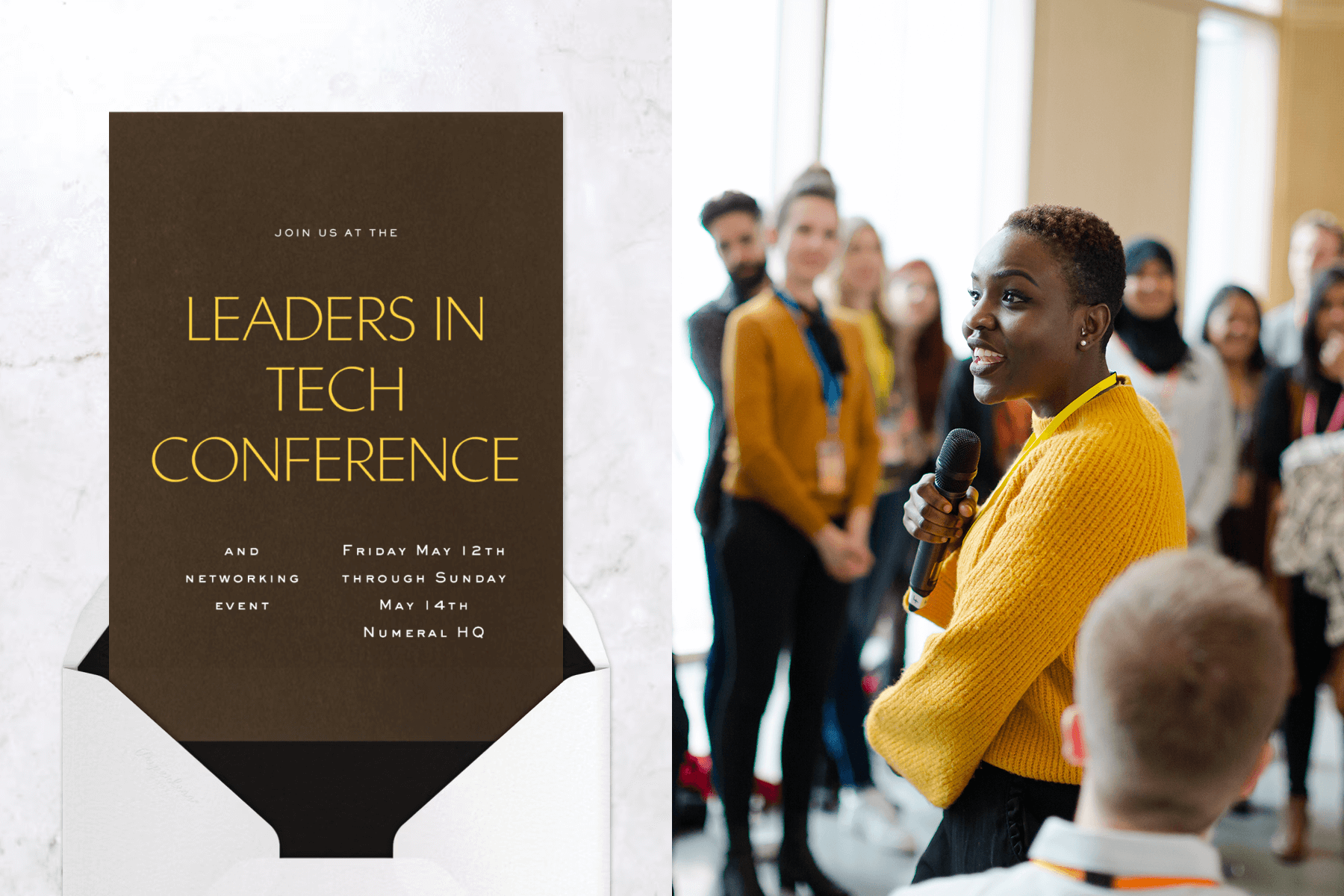 A brown invitation with yellow lettering for a Leaders in Tech conference; a woman wearing yellow speaks into a microphone as others listen on.