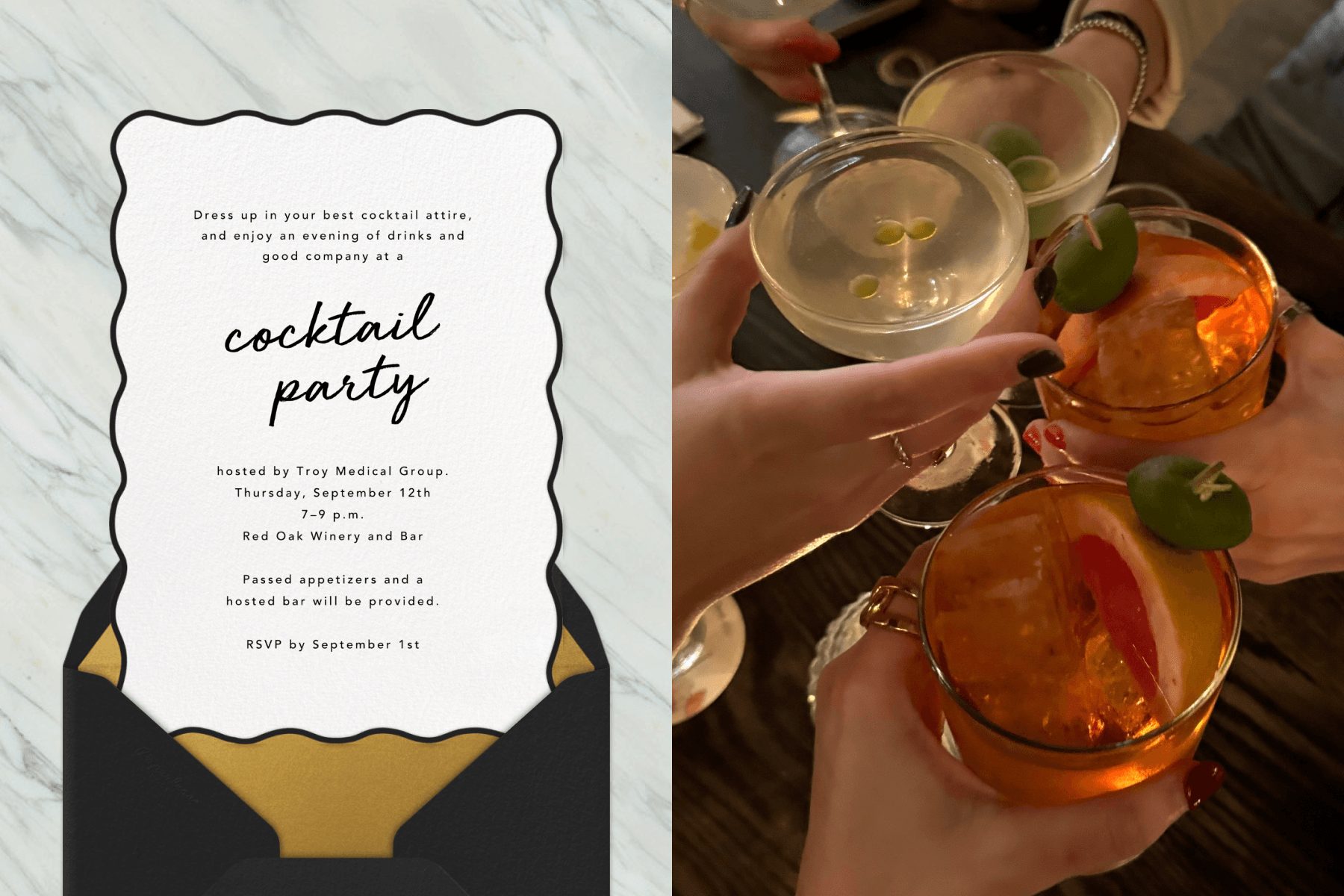 LEFT: On a marble backdrop, a black-and-white cocktail party invitation with a wavy black border emerges from a black envelope with gold lining. RIGHT: Four hands holding various cocktails toast their glasses together.