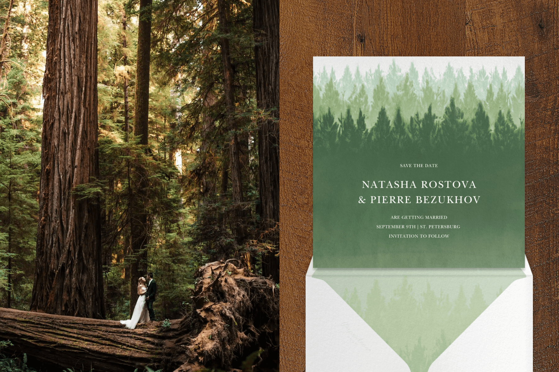 A couple in wedding garb stands on a giant fallen tree trunk in a forest; a save the date with densely layered evergreen trees.