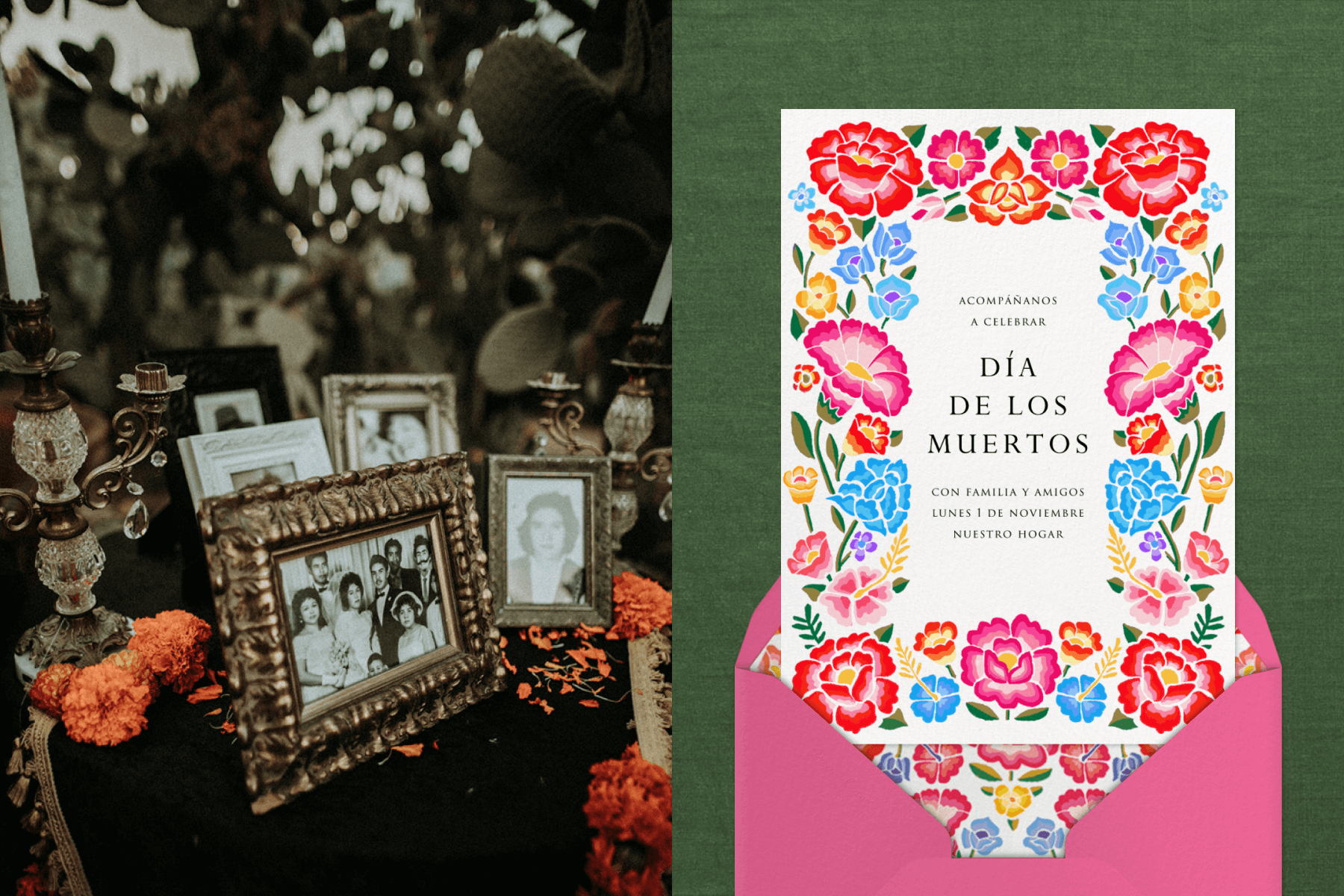 Left: A collection of framed family photos with marigolds and candlesticks; Right: A Dia de Muertos invitation with a frame of pink and blue flowers.