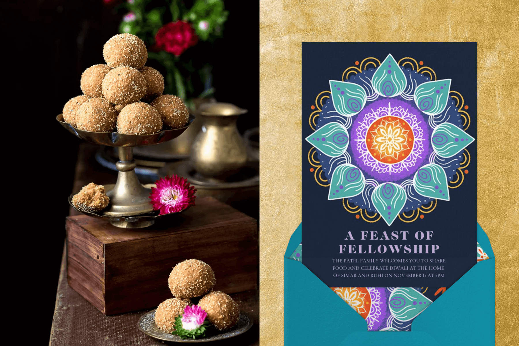 Right: Churma ladoo elegantly stacked on pewter tableware; Right: An illustrated Diwali invitation with a rangoli design.