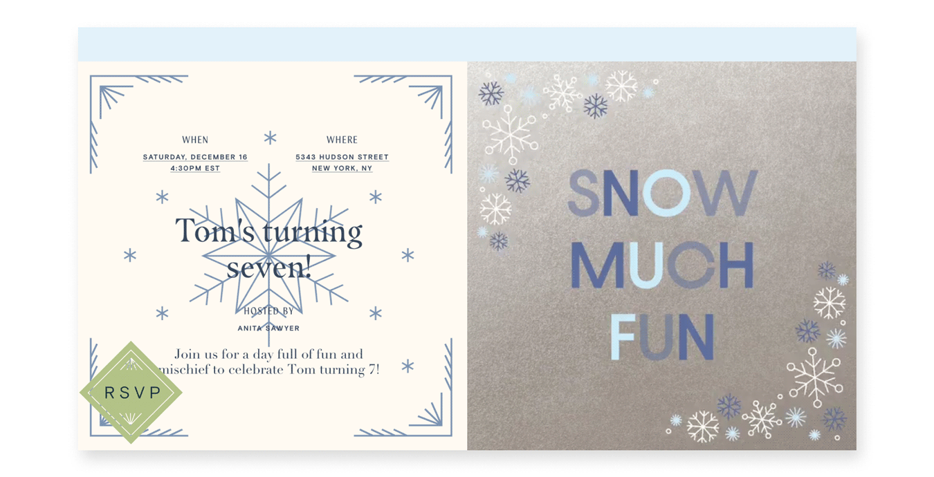 An animated invite with the words "Snow much fun" on a silver background and animated snowflakes.