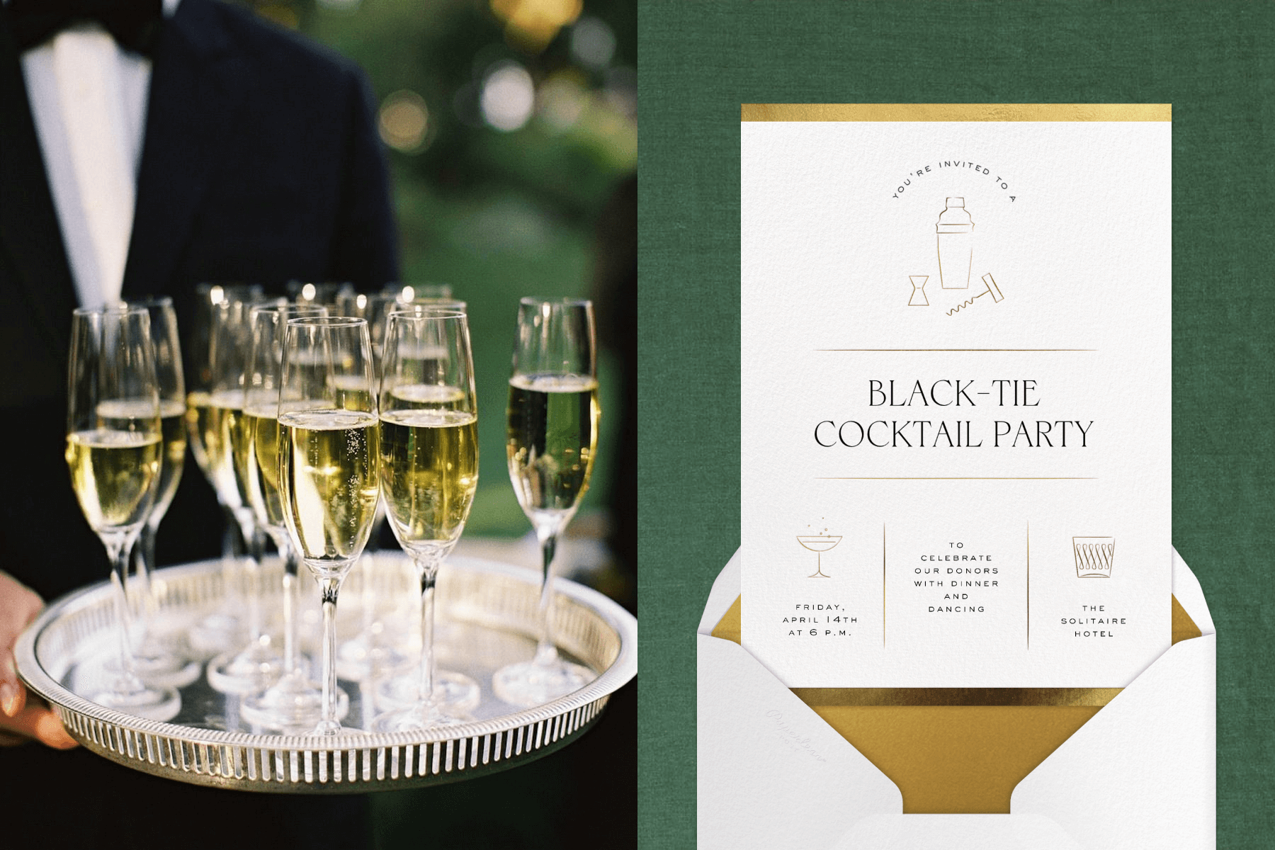 Left: Glasses of champagne are being served on a silver tray. Right: A white invitation with a gold border and matching envelope line and reads “black-tie cocktail party” and features illustrations of bar tools and cocktail glasses.