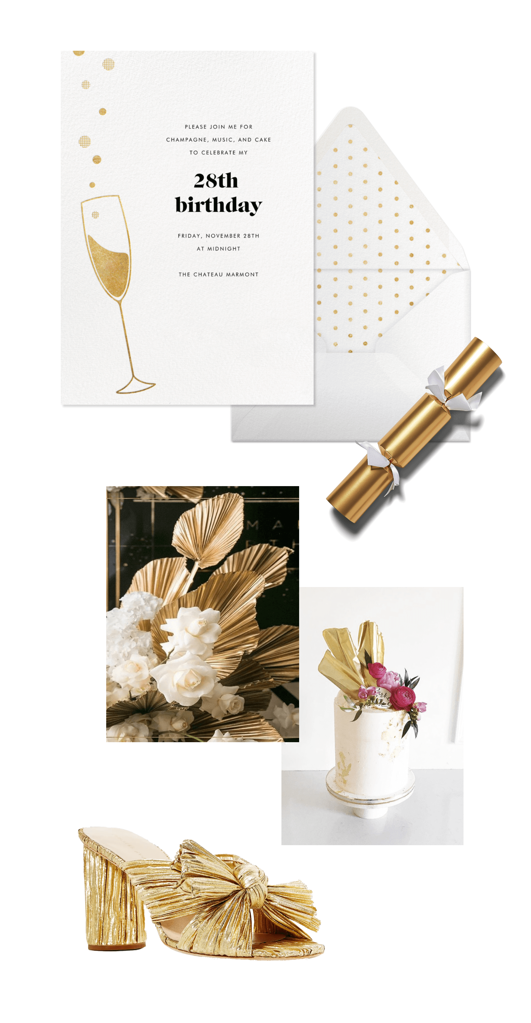An invitation with a gold Champagne flute; a gold party cracker; white roses with gold leaves; a cake with gold and floral topper; gold sandal heels.