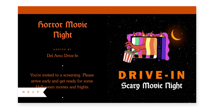 A black online invite for a scary movie night at a drive-in theater with an illustrated animation of a red hand reaching out of a television screen ri grab popcorn and an orange crescent moon.