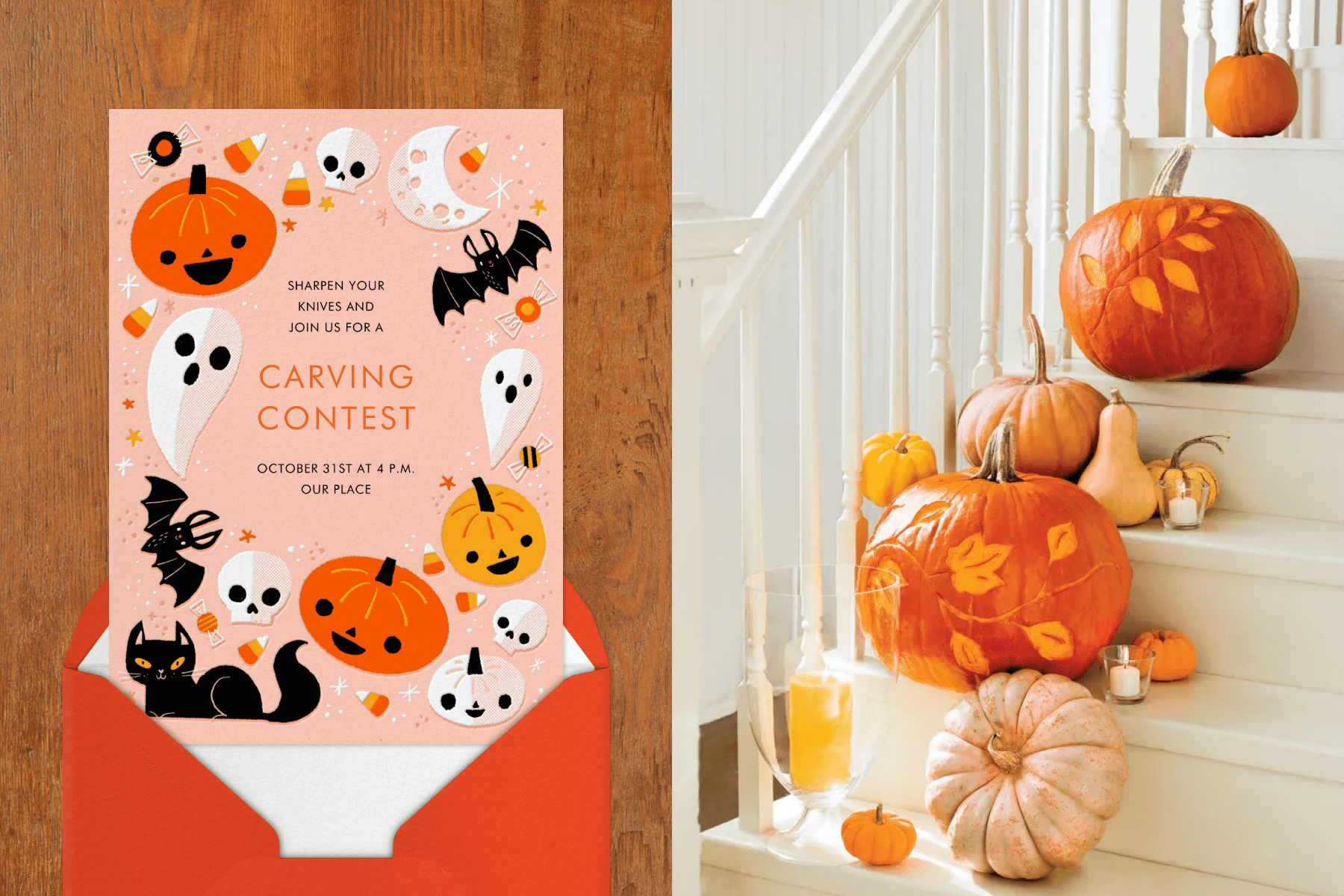 Left: A pumpkin carving contest invitation with a pink background and a border formed by pumpkins, skulls, ghosts, bays, and a black cat. Right: Sophisticated carved pumpkins and gourds line a white staircase.