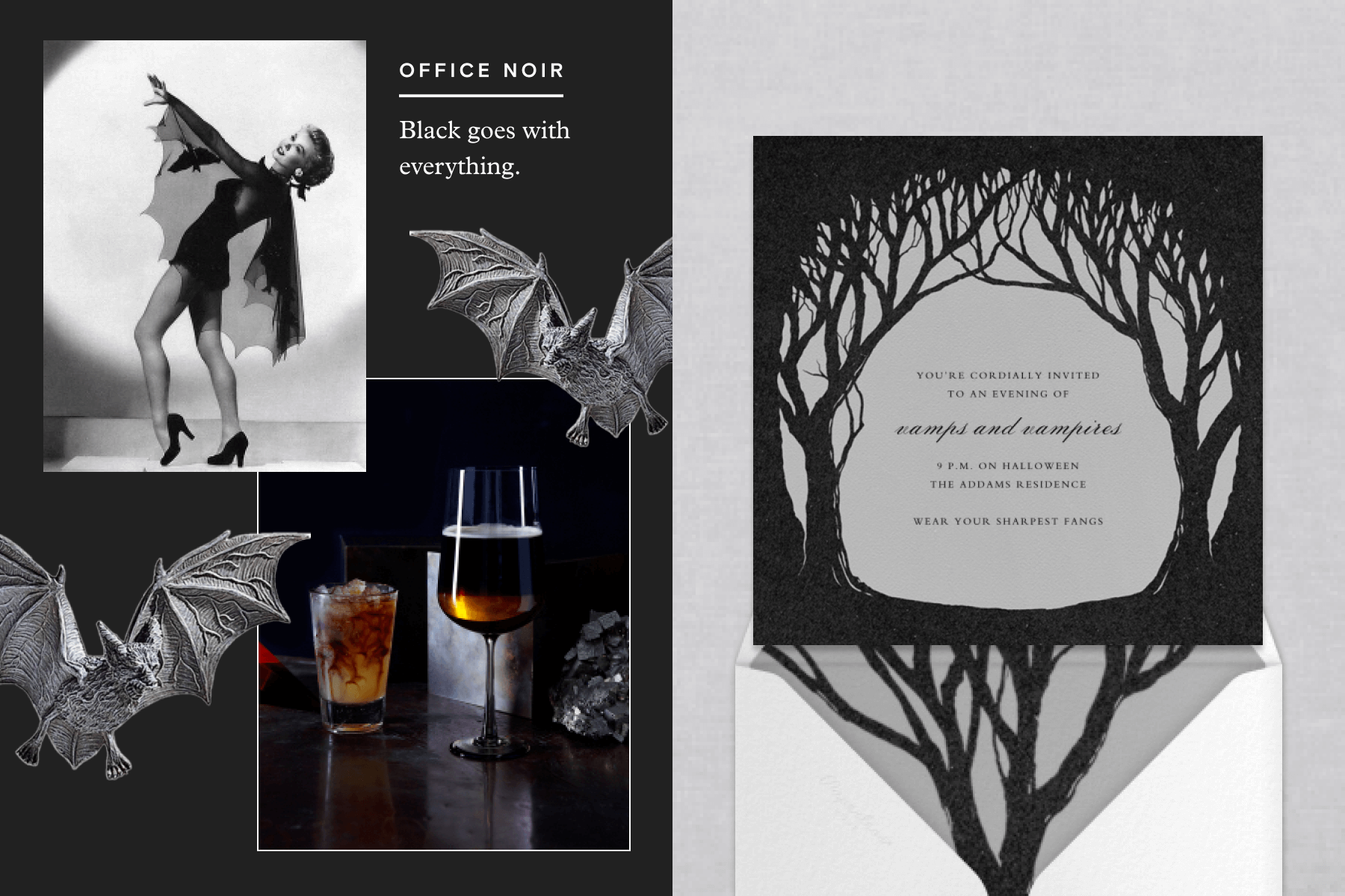 From left: A vintage photograph of Vera Allen wearing a bat Halloween costume, Two vampire bat wall sculptures, a moody photograph of a Black Velvet cocktail in two different glasses, a Halloween invitation featuring an illustration of dark woods with a matching envelope.