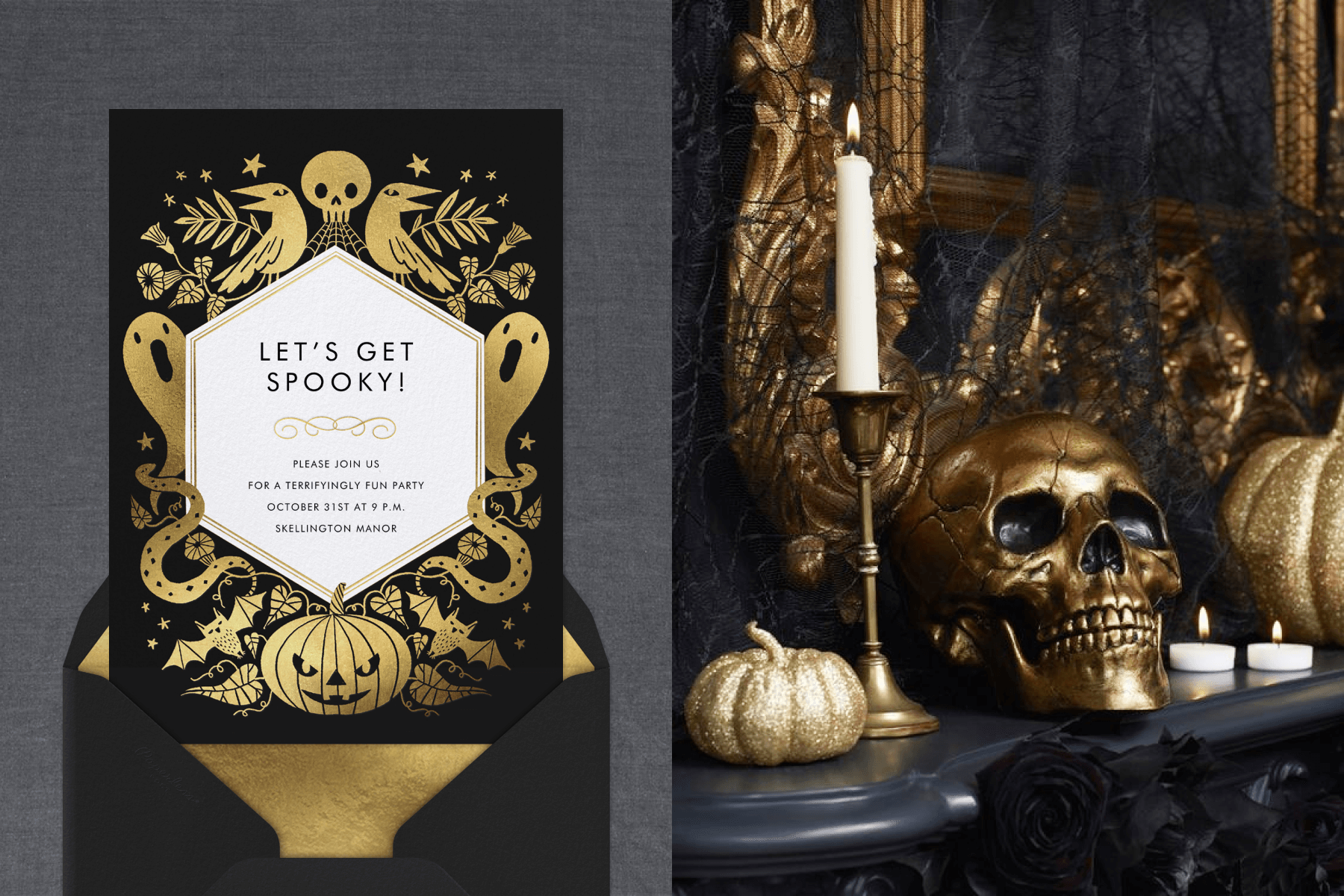 Left: A black Halloween party invitation with gold mirrored illustrations of simplified ghosts, skulls, ravens, and a pumpkin with a white hexagon in the middle reads “let’s get spooky!.” Right: On a black mantel sit Halloween objects in gold—a gourd, a candle stick and taper candle, and a skull in front of an ornate wall mirror.