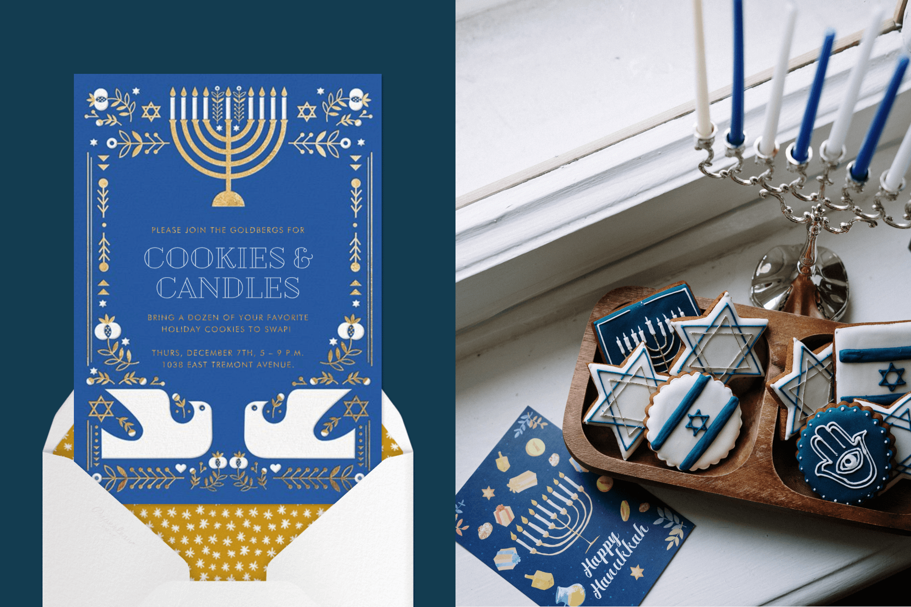 Left: A blue Hanukkah card and white envelope. Right: Blue and white Hanukkah cookies, a Hanukkah card, and a Chanukiah with candles.