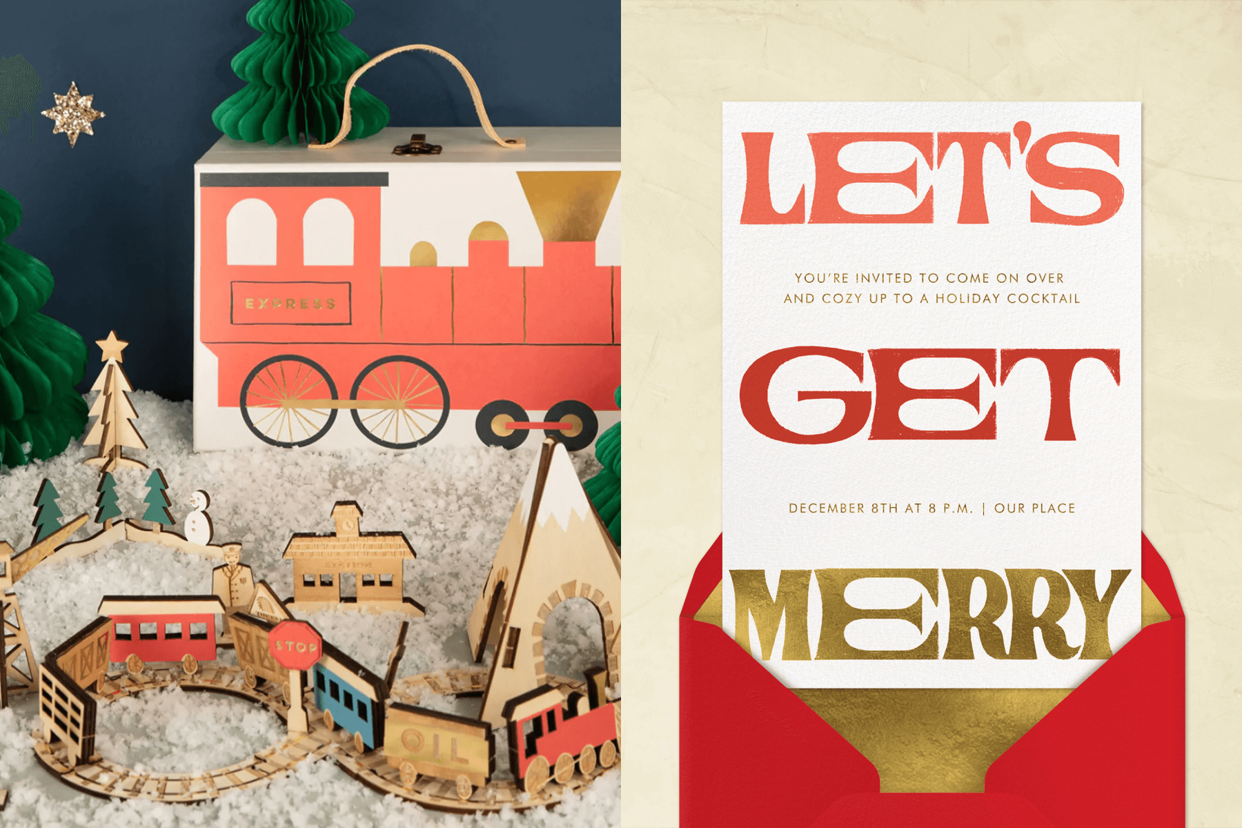 A decorative cutout wooden train set; an invitation that says “LET’S GET MERRY” in large pink, red, and gold letters.