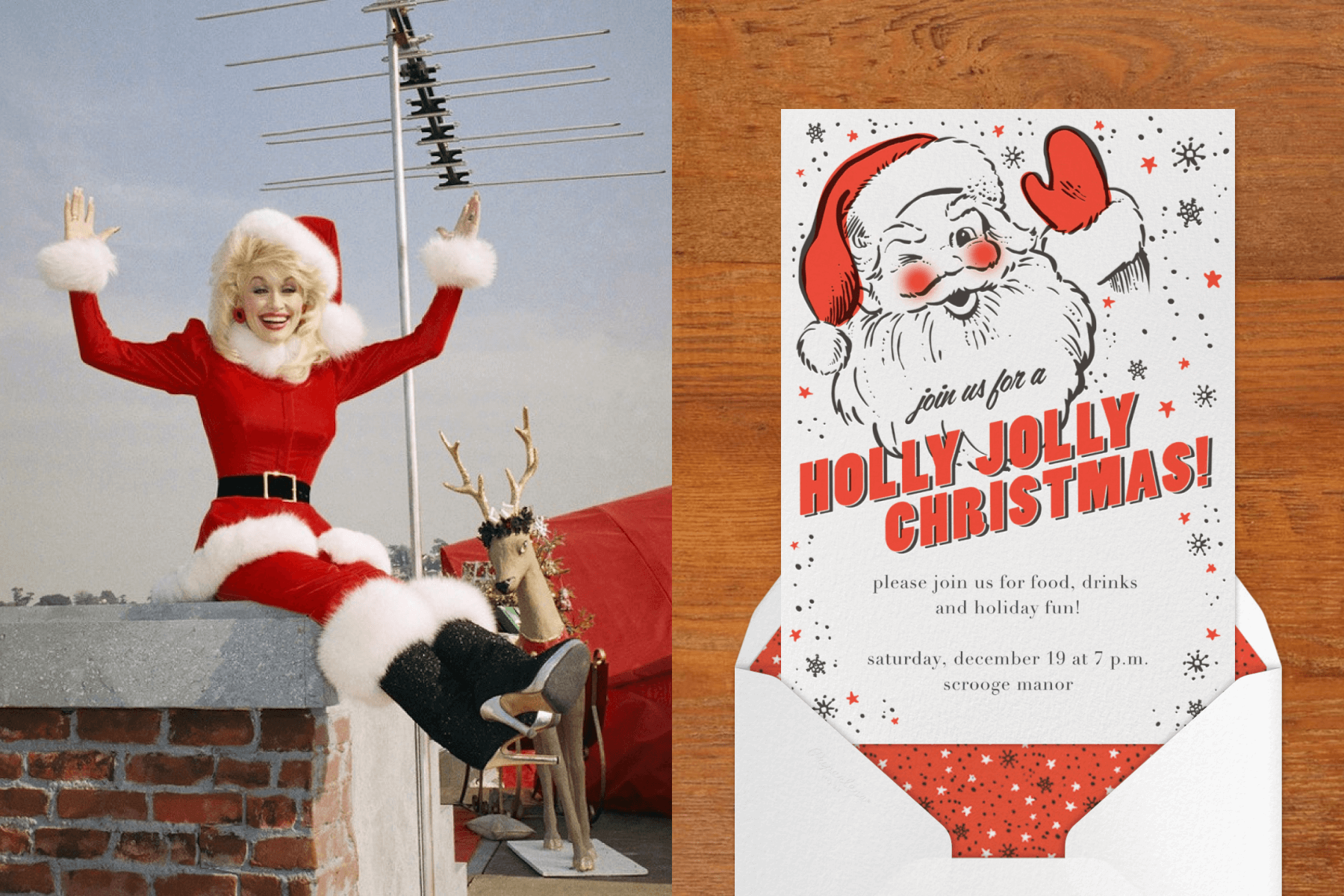 Dolly Parton wearing a red Santa Claus-inspired outfit sitting on a chimney top; an invitation for a “holly jolly Christmas” has a retro illustration of Santa Claus waving a red mitten.