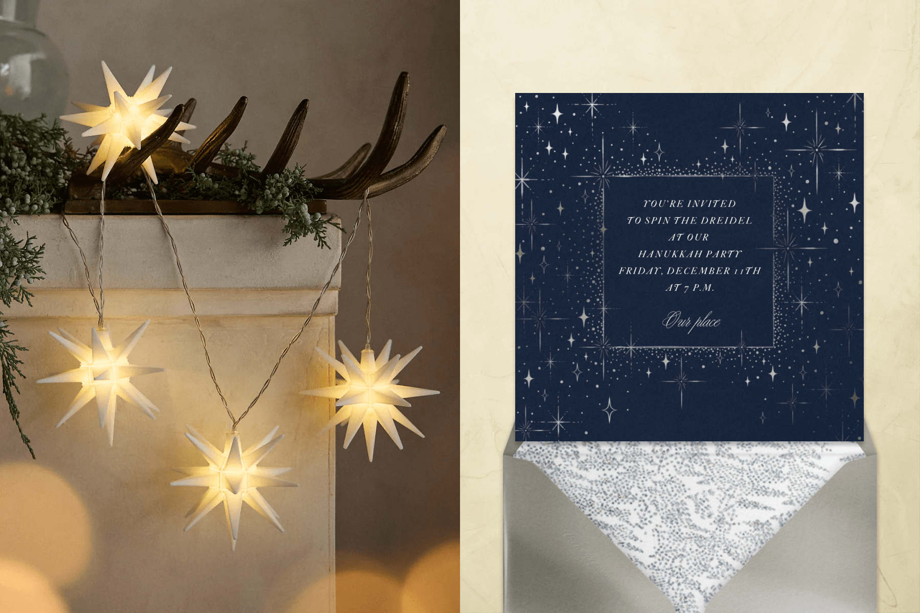 3-D star-shaped string lights hang from an antler on a shelf. Right: A navy blue invitation with twinkling white stars around the border and a silver envelope.