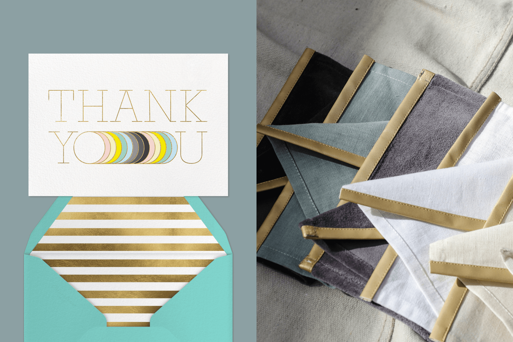 A thank you note featuring a colorful graphic paired with a gold and white striped envelope liner, blue envelope, and blue background; Folded cloth dinner napkins in blue, gray, black, and white colors.