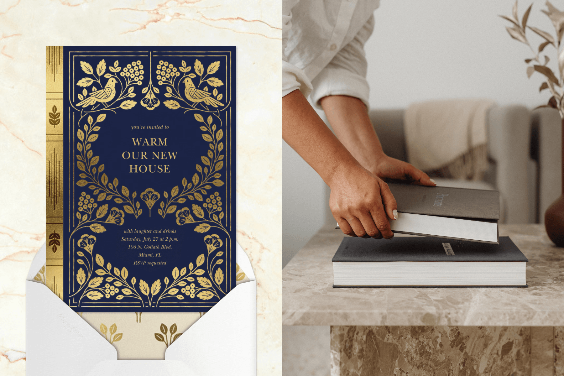 An invitation for a housewarming party, featuring gold font, gold nature-inspired graphics, and a gold envelope liner on a navy blue background; Two hands placing two books on a marble beige coffee table.