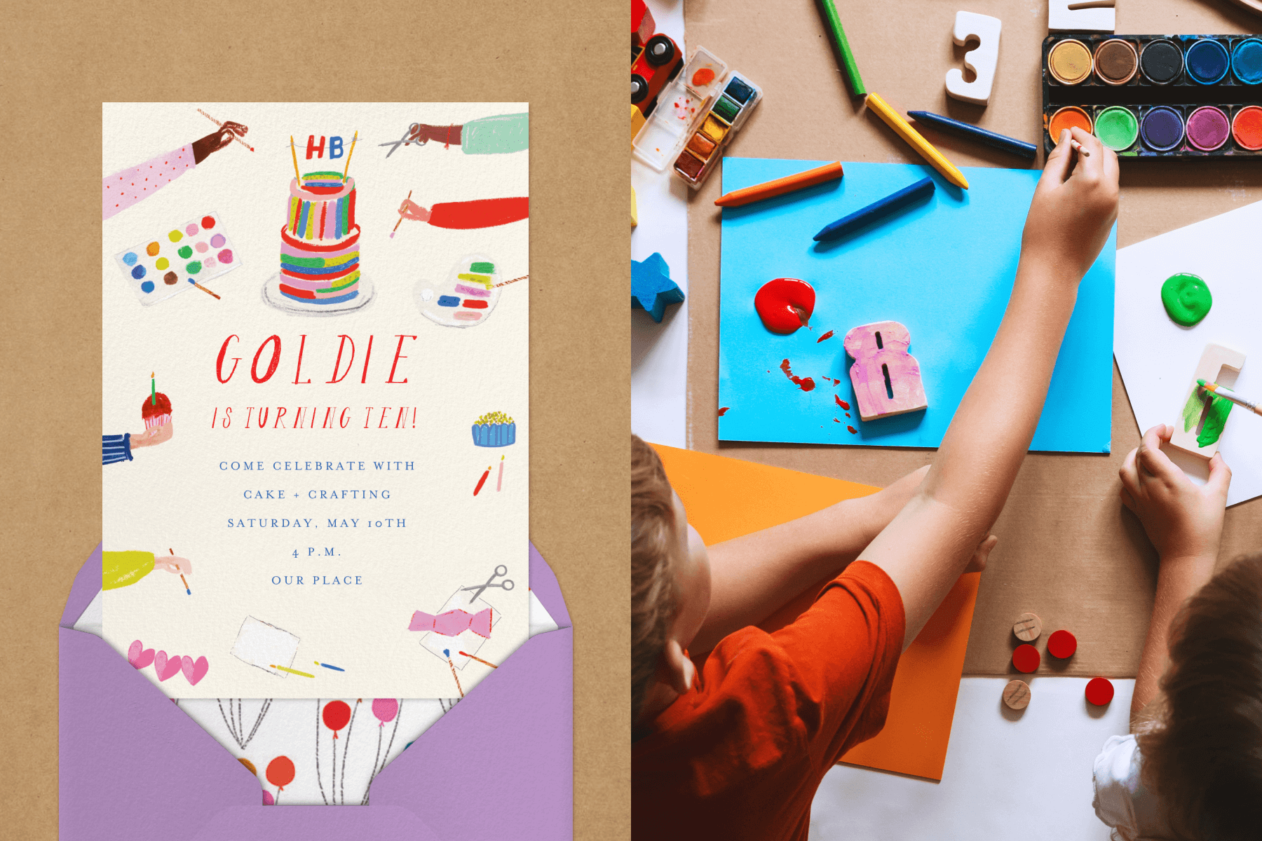  Left: an invitation for a crafting birthday party featuring hands holding paintbrushes and a rainbow birthday cake coming out of a purple envelope; Right: An overhead view of children crafting at a table with paint, pencils, and construction paper. 