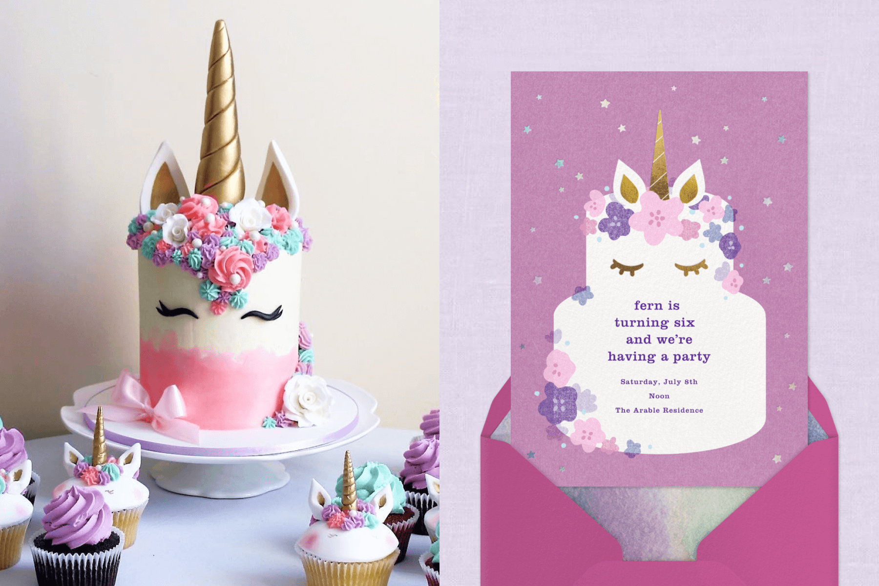 A cake with a gold unicorn horn and ears with similar cupcakes; a purple invitation with a white unicorn layer cake.
