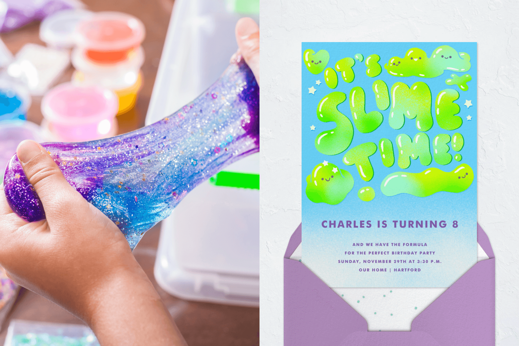 Purple glitter slime is stretched between a child’s hands; an invitation reads ‘it’s slime time’ in green, slime-like lettering.