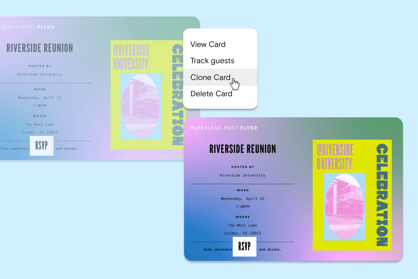 Two cloned copies of a purple-blue-and-green gradient school reunion Flyer event page with a UI icon signifying cloning a card.