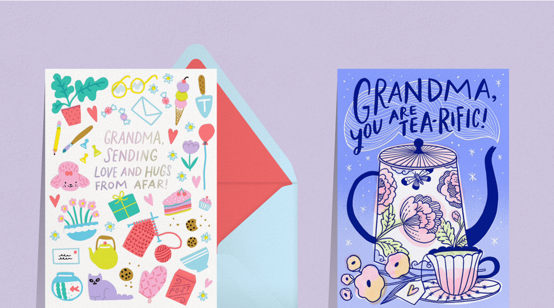 A card with lots of colorful illustrations of cats, dogs, knitting needles, plants, desserts, etc; a card reads ‘grandma, you are tea-rific!’ with a floral tea pot and cup.