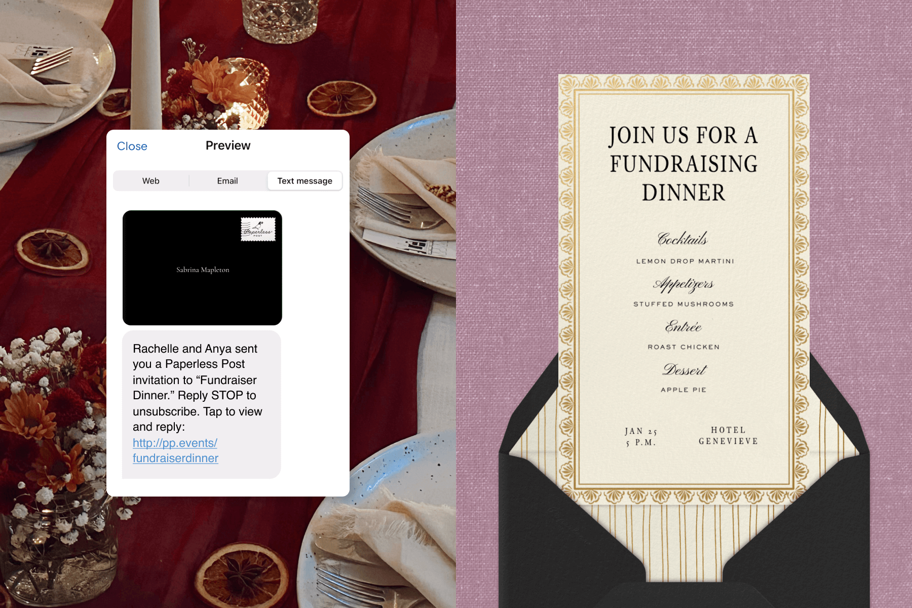 Left, a photograph of a dinner table set with a red tablecloth, ceramic plates, flowers, and dried citrus slices with a digital tools box overlay showing a text message preview of an invitation; Right, an invitation to a fundraising dinner coming out of a black envelope set on a mauve fabric backdrop. 