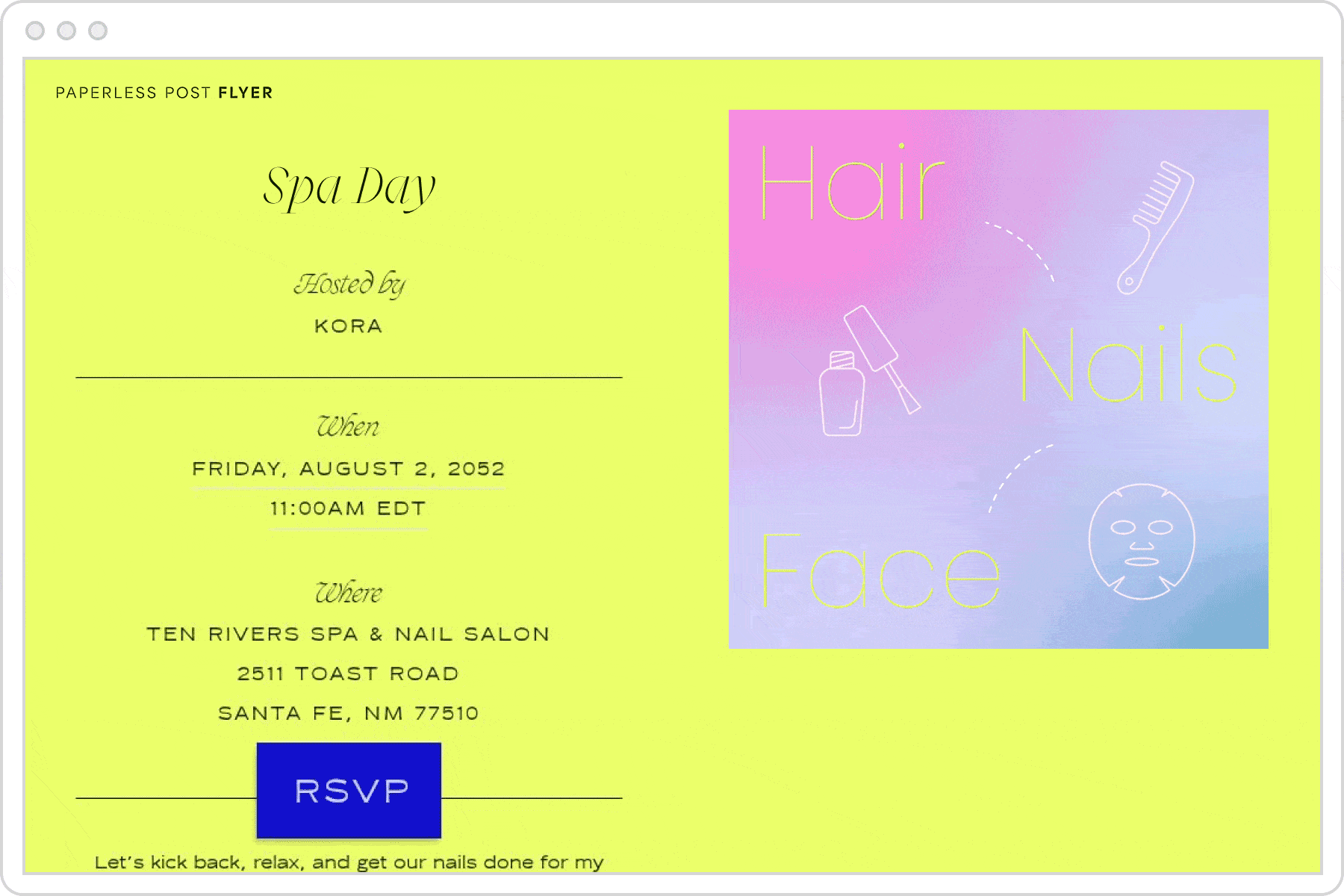 A digital spa day invitation featuring a neon green background and an animated graphic with a gradient background and text that reads ‘hair, nails, face’