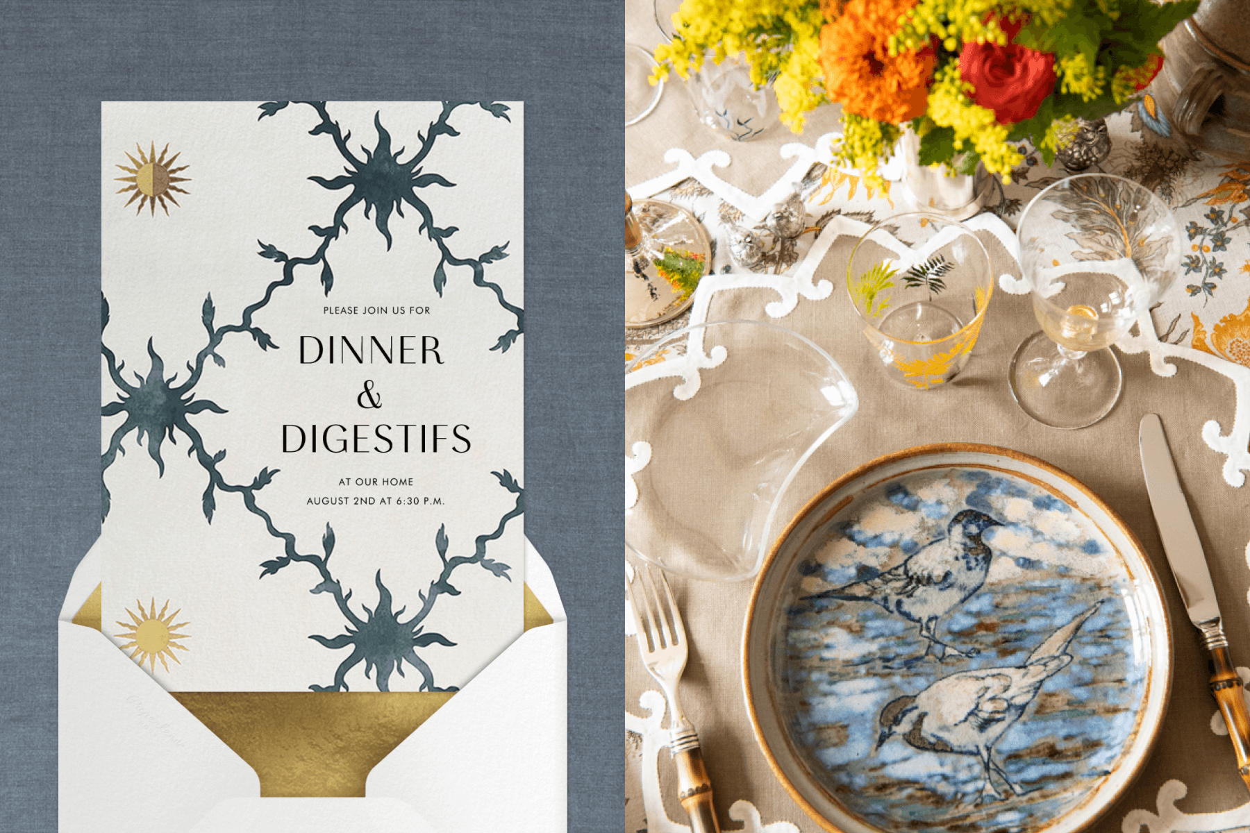 Left: Dinner party invitation with white background and dark grey geometric design, coming out of a white envelope with gold liner. Right: Crop of dinner table setting with a marbled blue plate and autumnal flowers. 