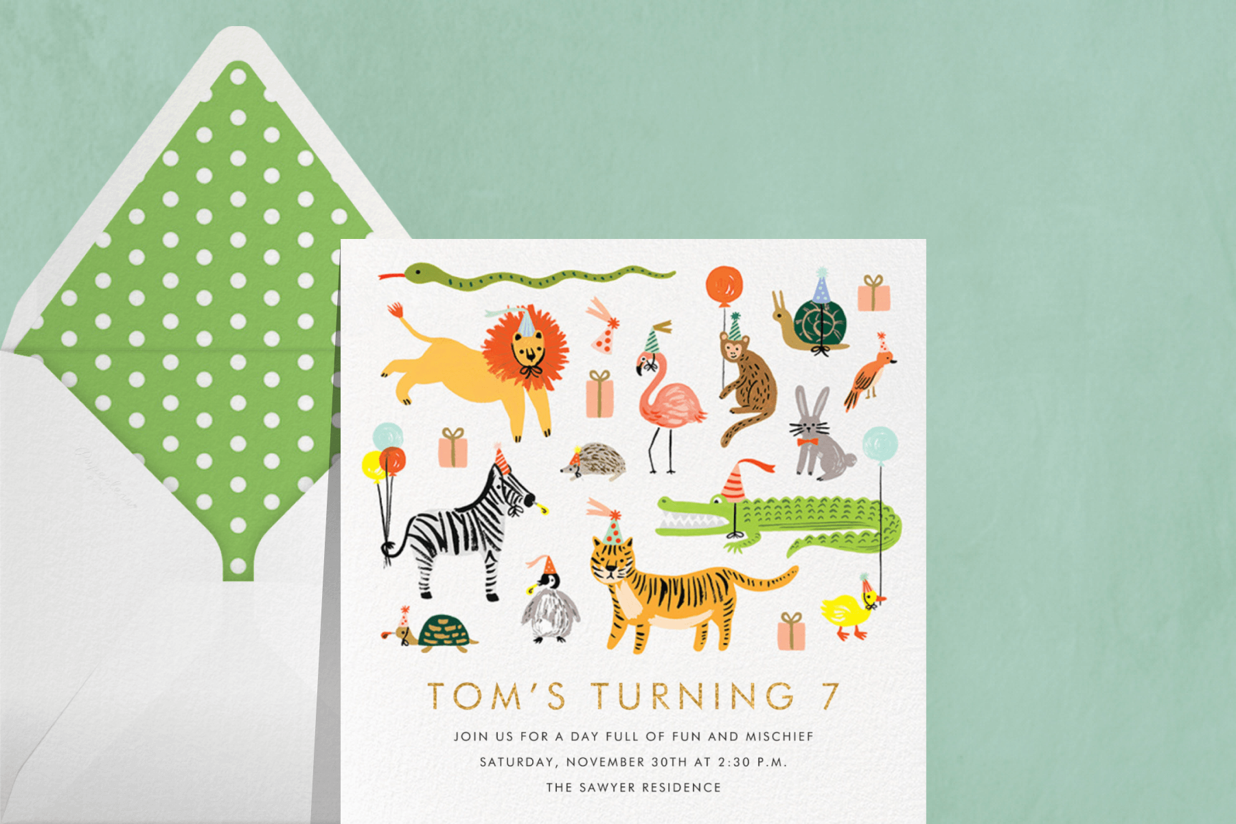A kids’ birthday party invitation featuring animals like a lion, a zebra, and a crocodile wearing party hats.