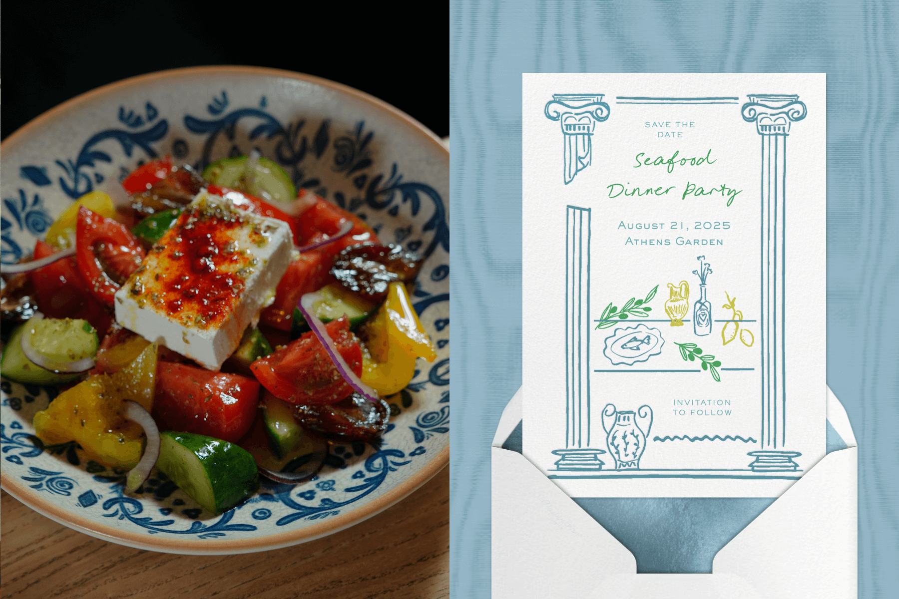 A Greek salad with vegetables and cheese; an invitation featuring illustrated Grecian columns and vases emerging from a white envelope on a blue moire backdrop.