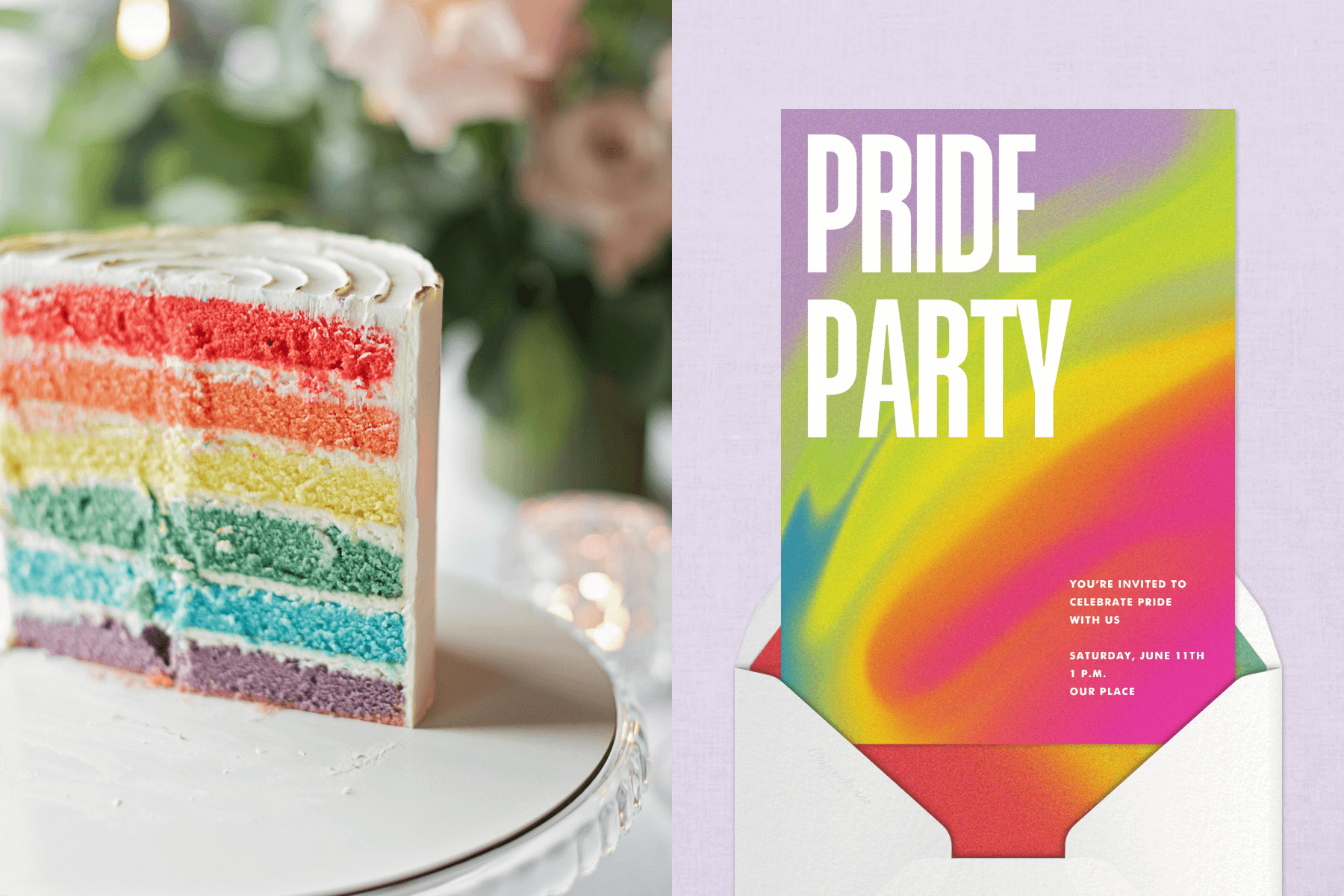A slice of a cake with rainbow-colored layers and white icing; An invitation with a swirl of rainbow colors and white text reading ‘PRIDE PARTY’.