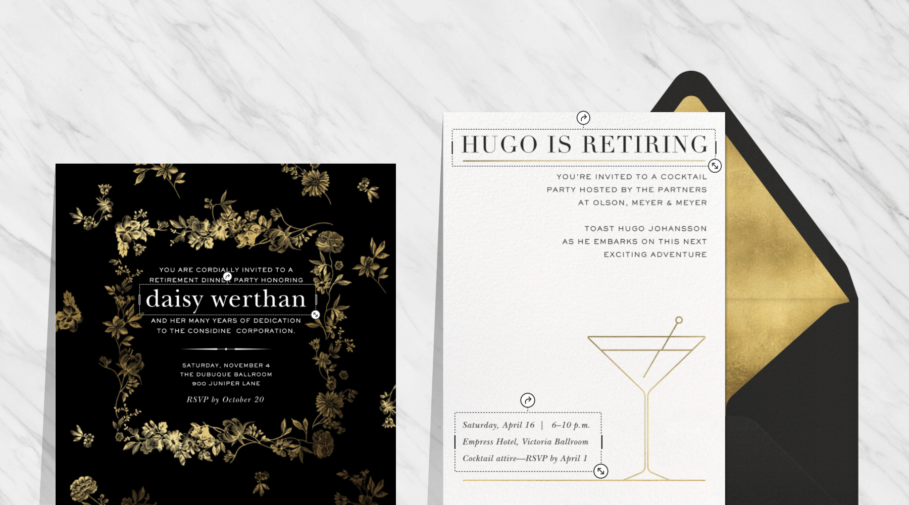 A black invitation with ornate gold foil greenery; a white invitation with a gold outlined martini glass and text boxes highlighted by a black and gold envelope.