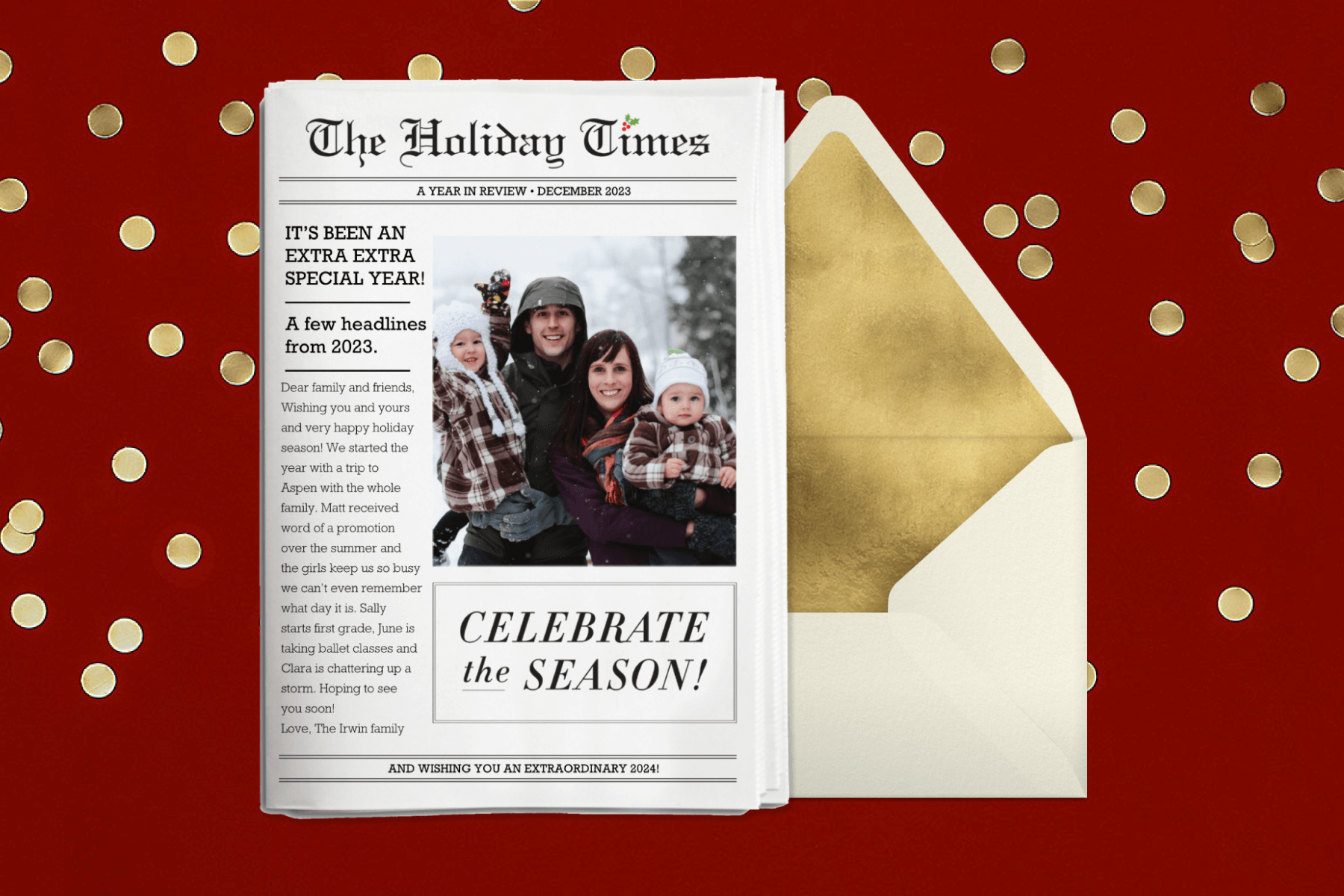 A card that looks like a newspaper front page of “The Holiday Times” with a photo of a family.